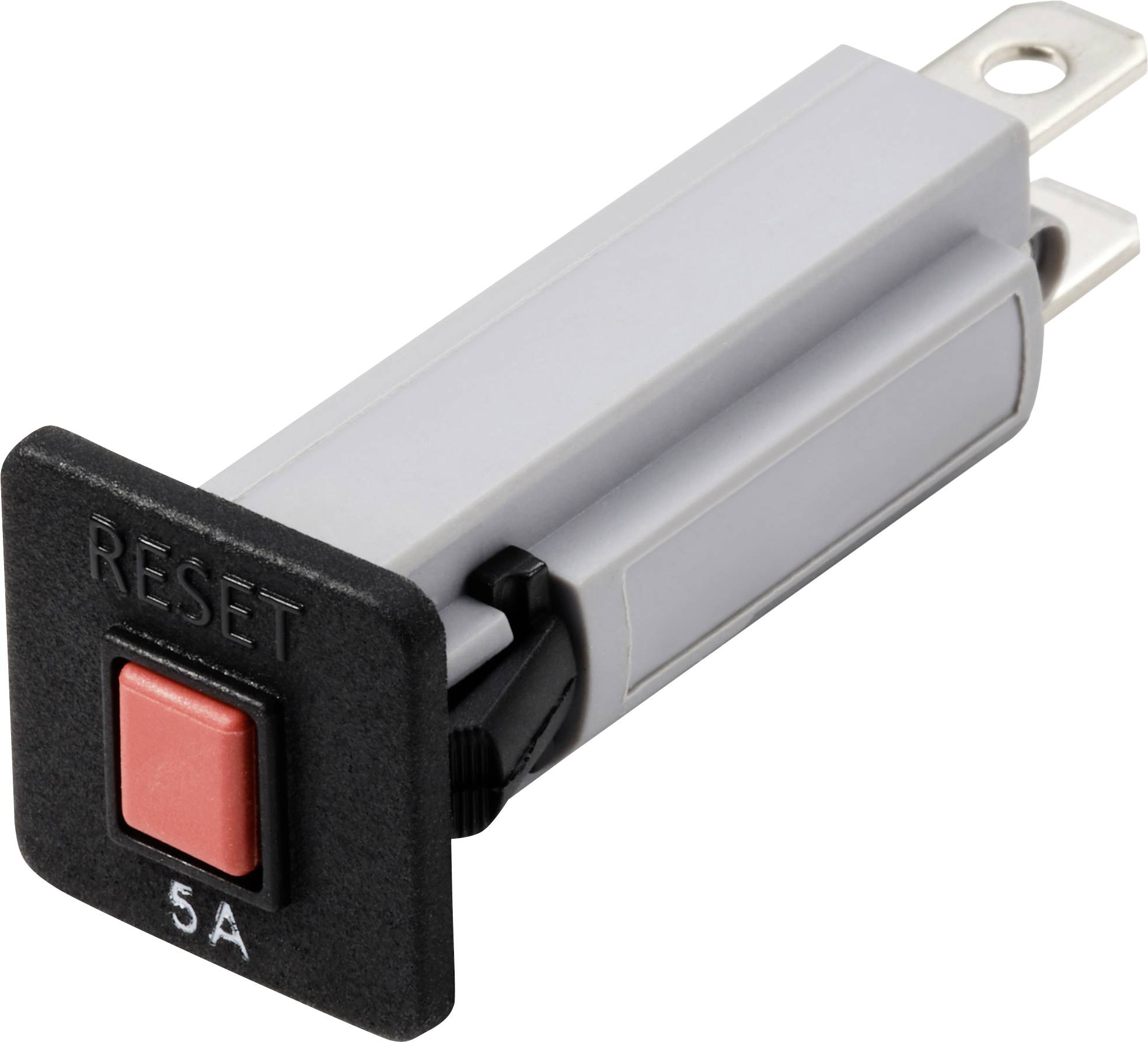Un composant d'appareil rectangulaire gris avec un interrupteur rouge, étiqueté 'RESET' et '5A'.