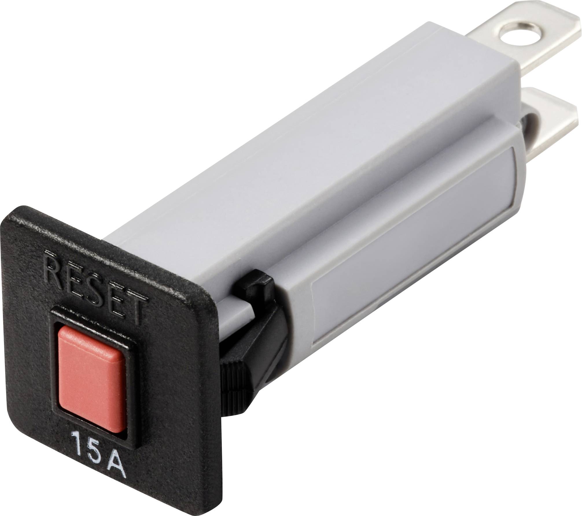Un disjoncteur gris avec un bouton de réinitialisation rouge portant l'inscription 'RESET 15A'.