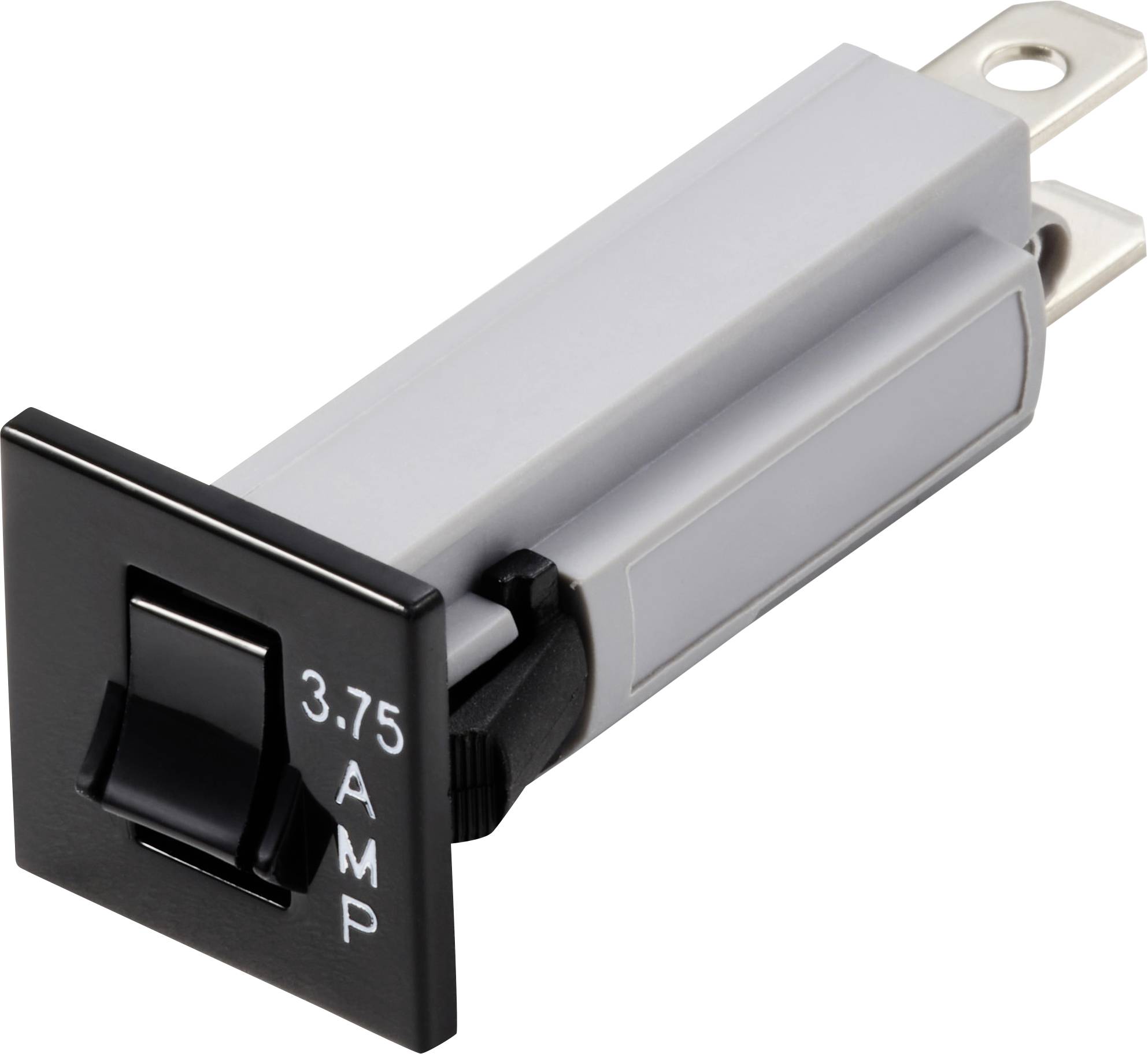 Interrupteur à bascule noir avec boîtier blanc, marqué '3,75 AMP', connexions latérales.