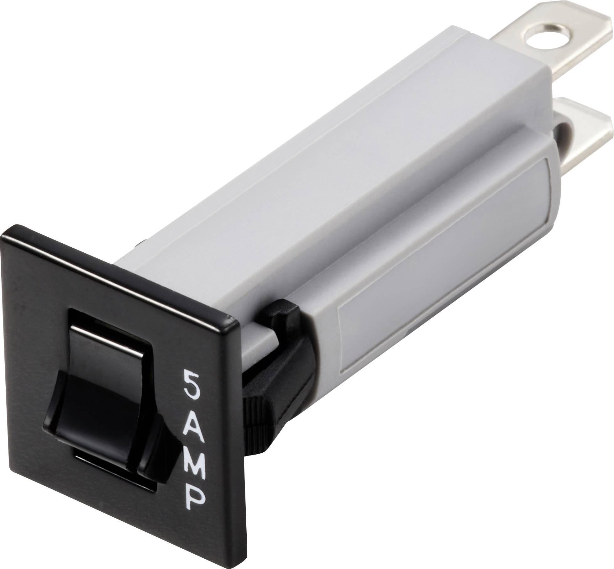 Un disjoncteur électrique avec un couvercle noir portant l'inscription '5 AMP' sur la façade. Adapté pour la protection des circuits électriques.