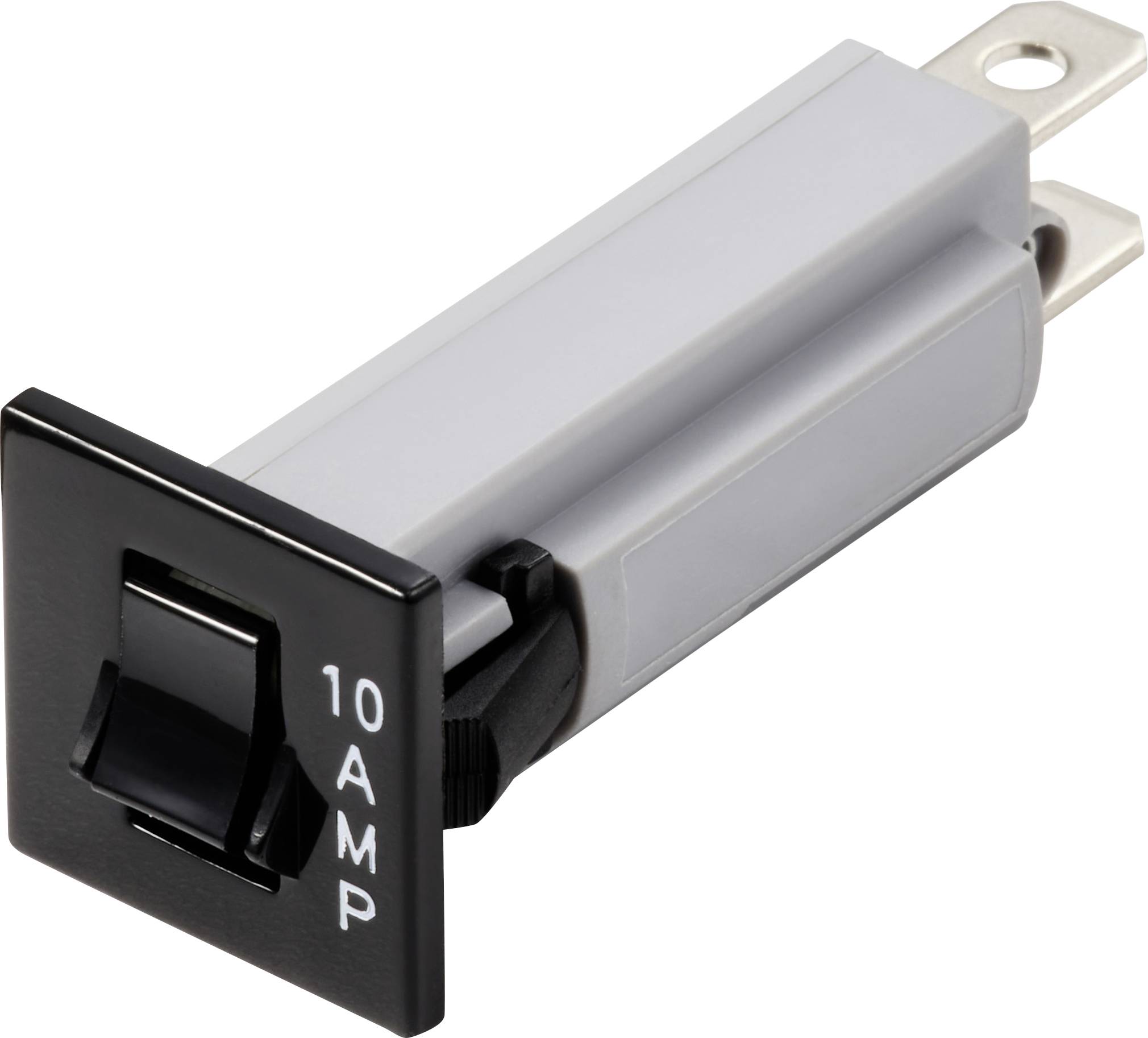 Un support de fusible noir de 10 ampères, de forme rectangulaire, avec deux bornes métalliques.