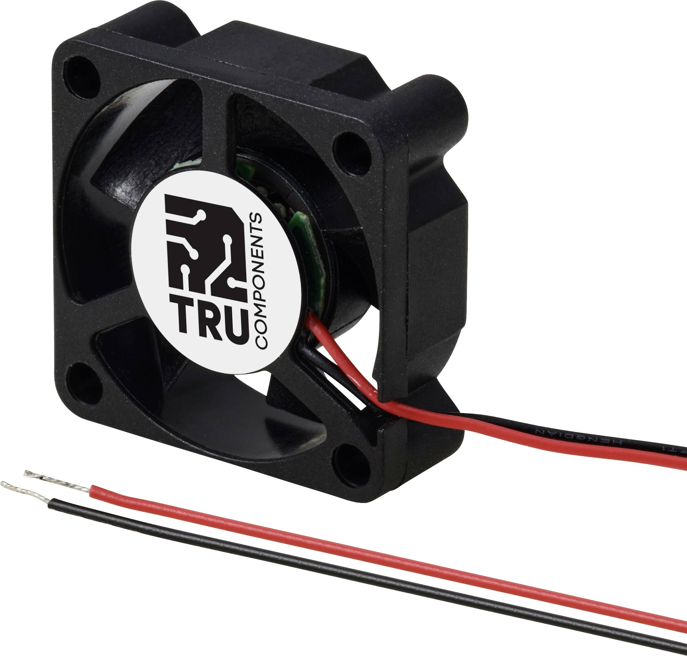 Un petit ventilateur noir de TRU Components avec deux fils, un rouge et un noir, pointe vers la connexion d'alimentation électrique.