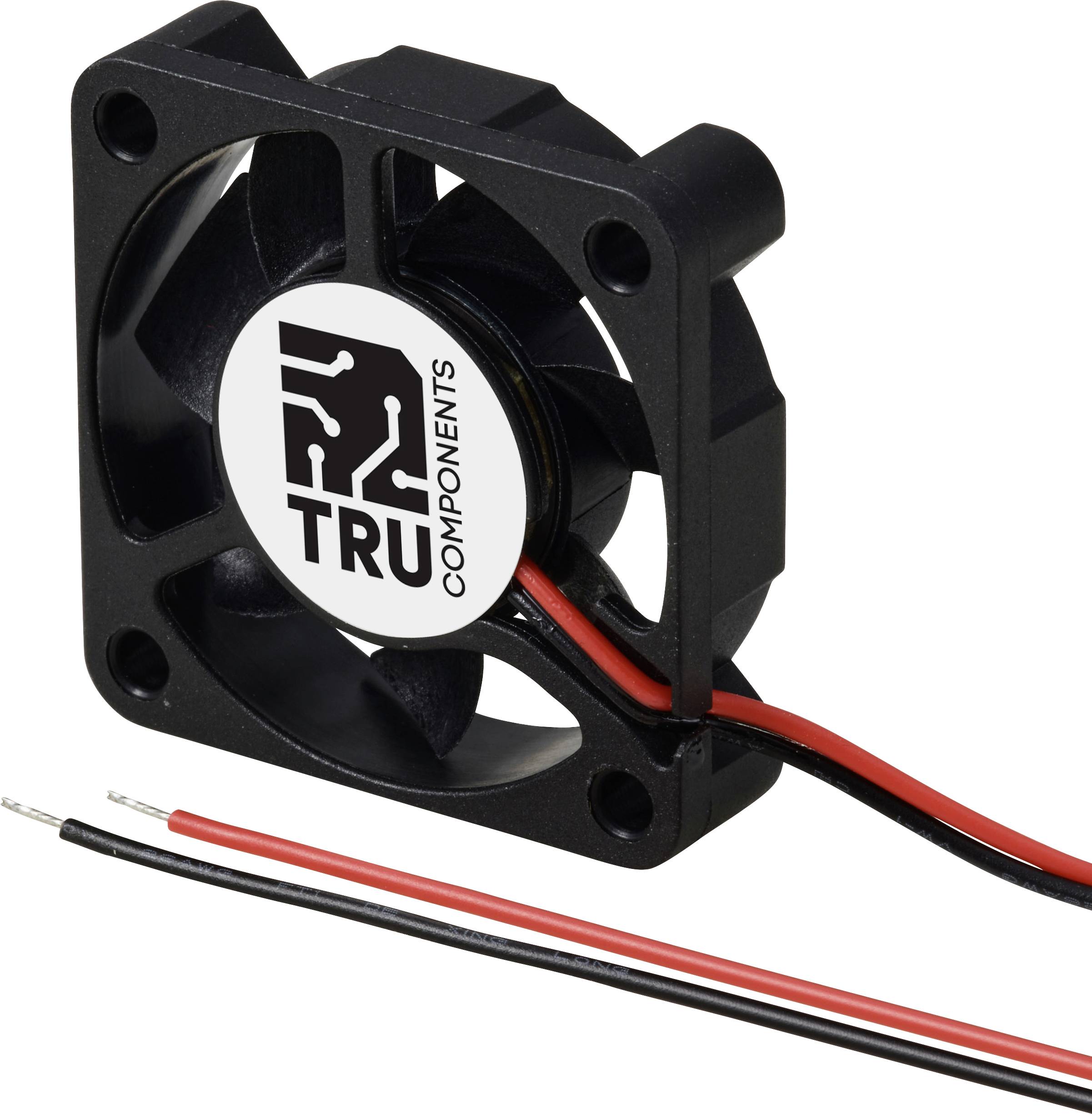 Un petit ventilateur noir avec le logo 'TRU Components'. Deux fils, un rouge et un noir, sont connectés au ventilateur.