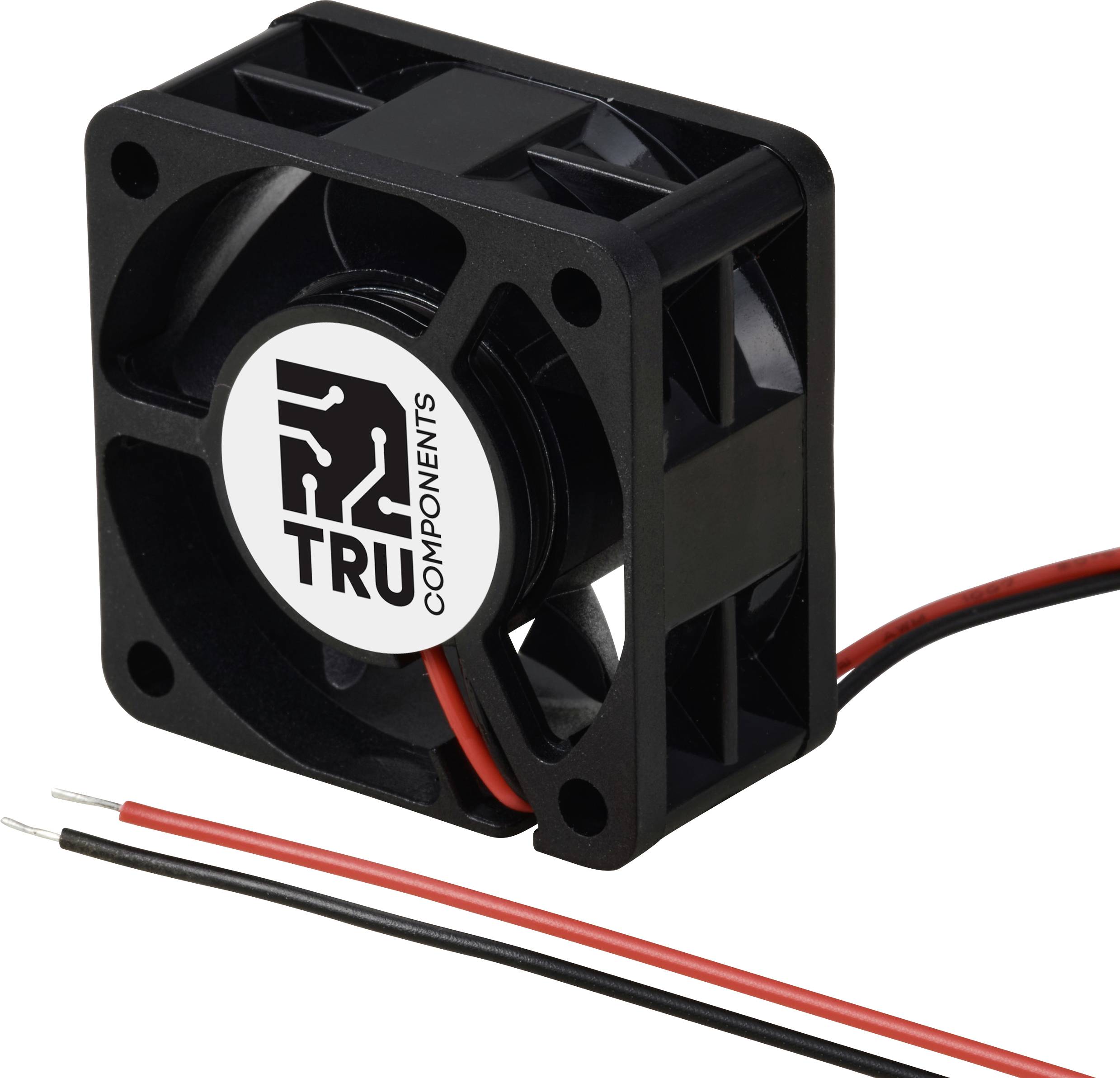 Ventilateur noir portant le logo 'TRU COMPONENTS', avec deux câbles visibles en rouge et en noir.