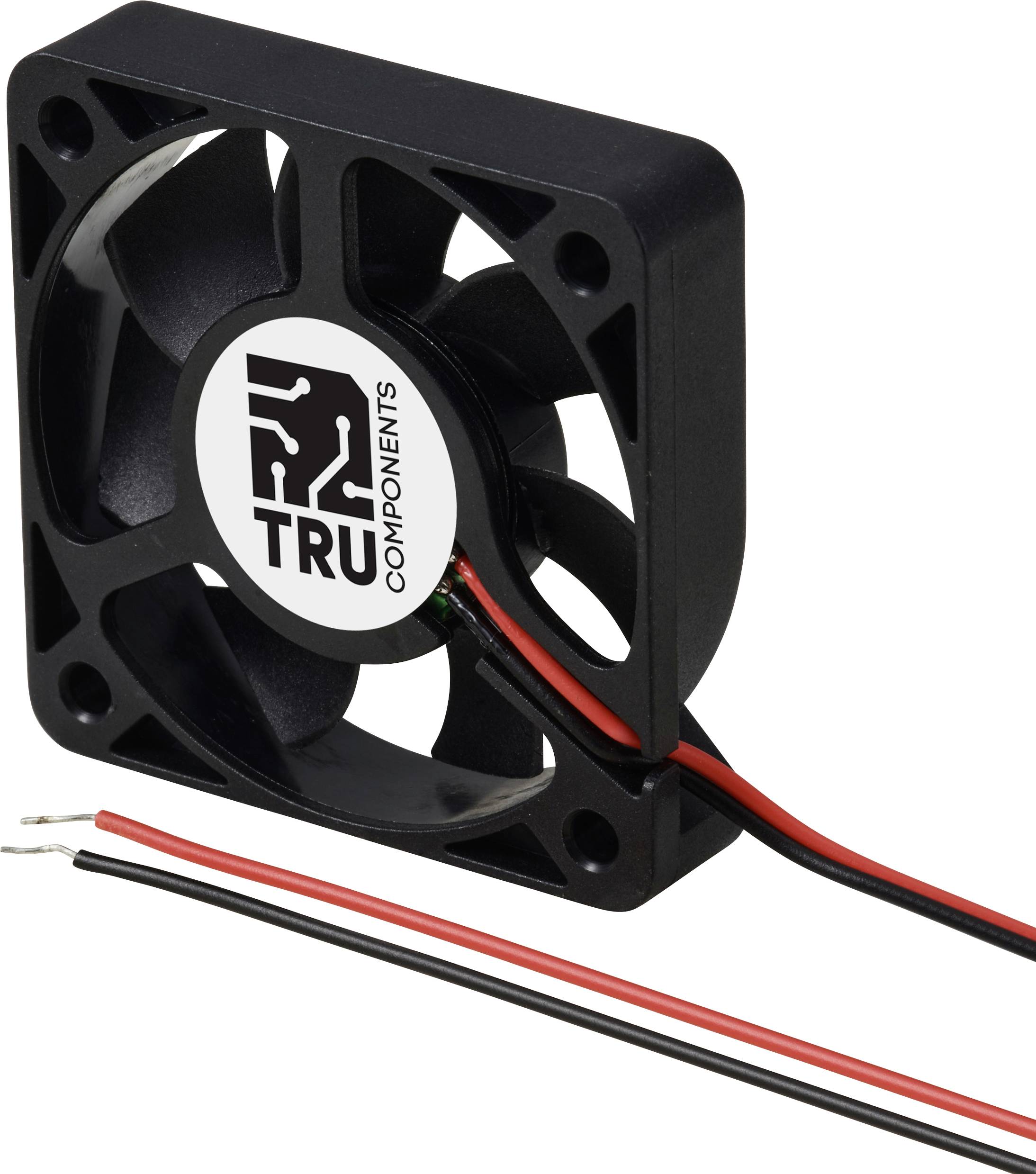 Ventilateur avec boîtier noir et deux câbles de connexion en rouge et noir. Logo 'TRU COMPONENTS' sur la face avant.
