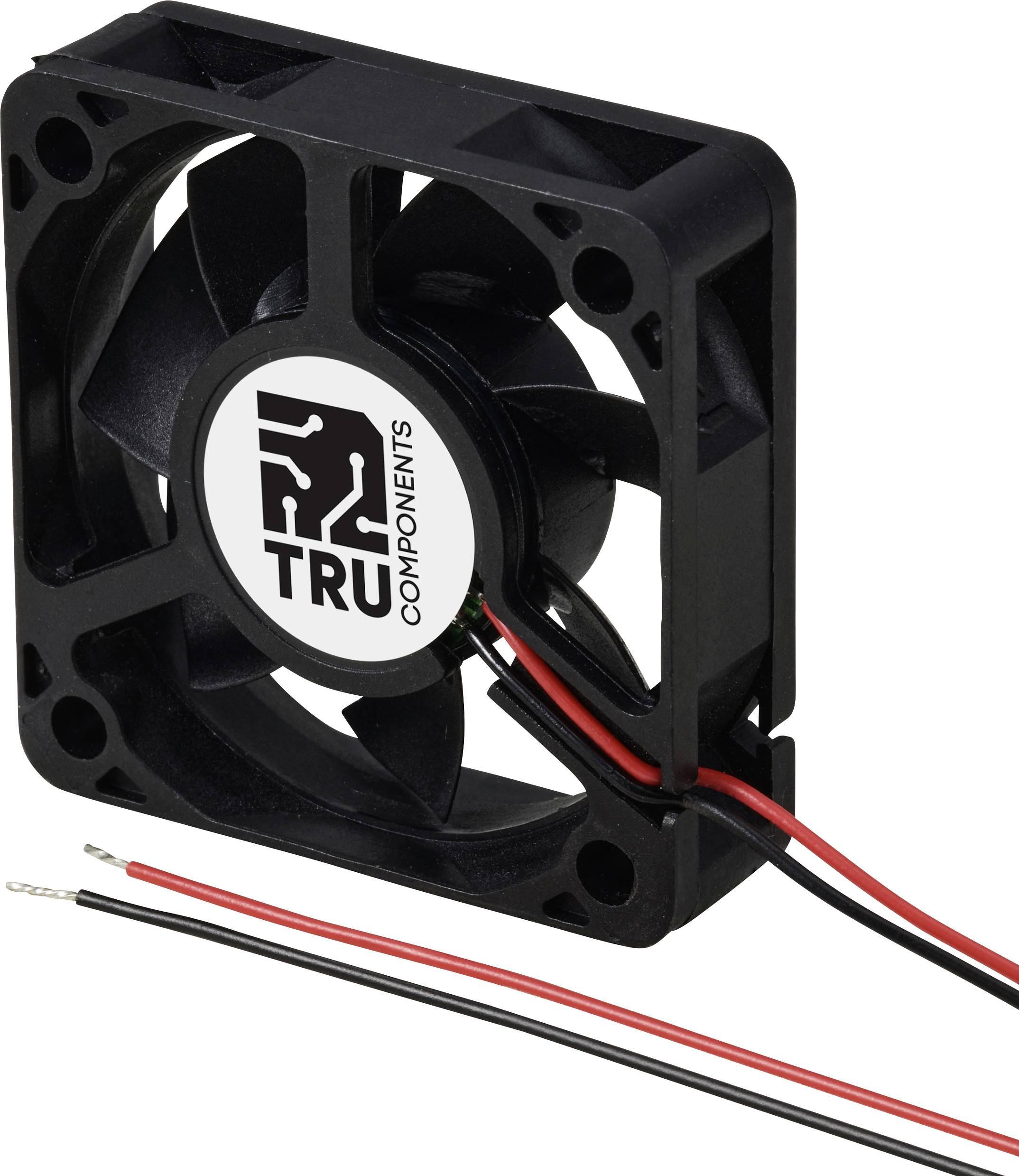 Ventilateur compact noir avec le logo TRU Components au centre, montrant des fils rouges et noirs pour la connexion électrique.