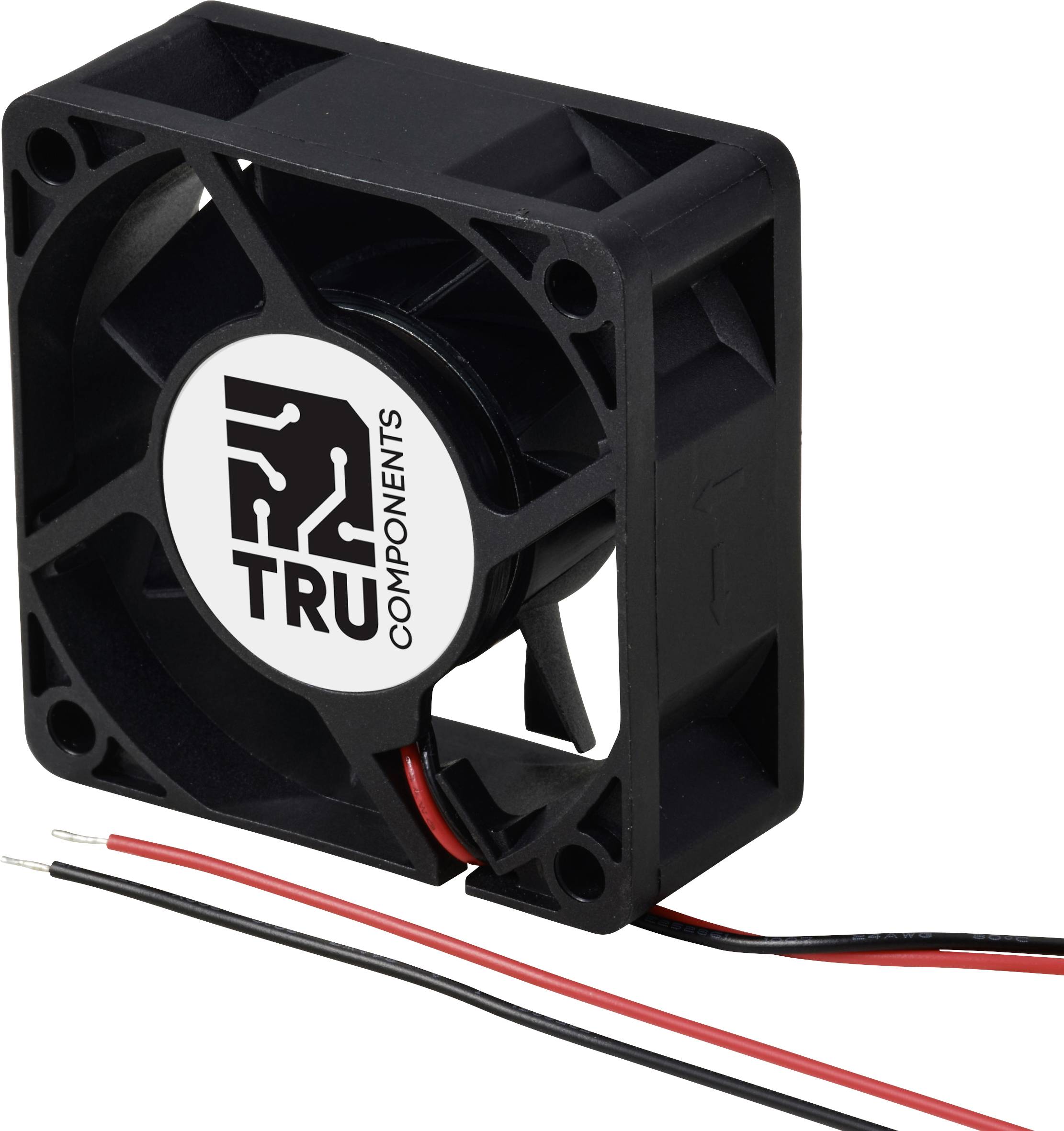 'Un ventilateur noir avec le logo et l'inscription TRU COMPONENTS, deux fils rouges et noirs pour l'alimentation électrique sont visibles.'