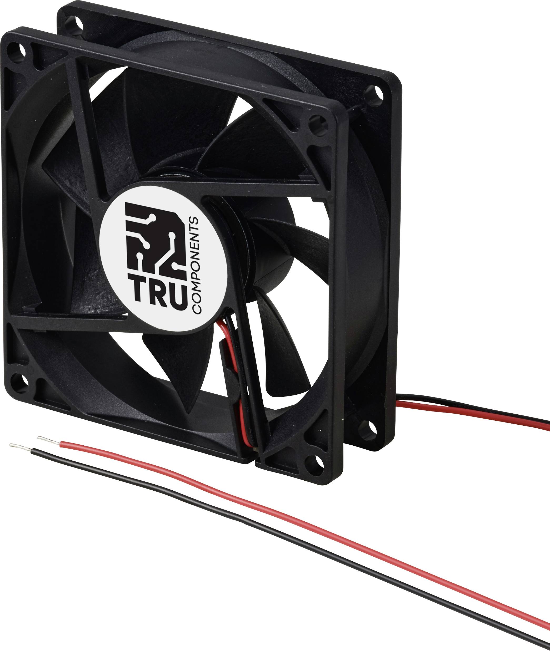 Un ventilateur noir avec des autocollants TRU Components blancs et des câbles rouges et noirs pour la connexion.