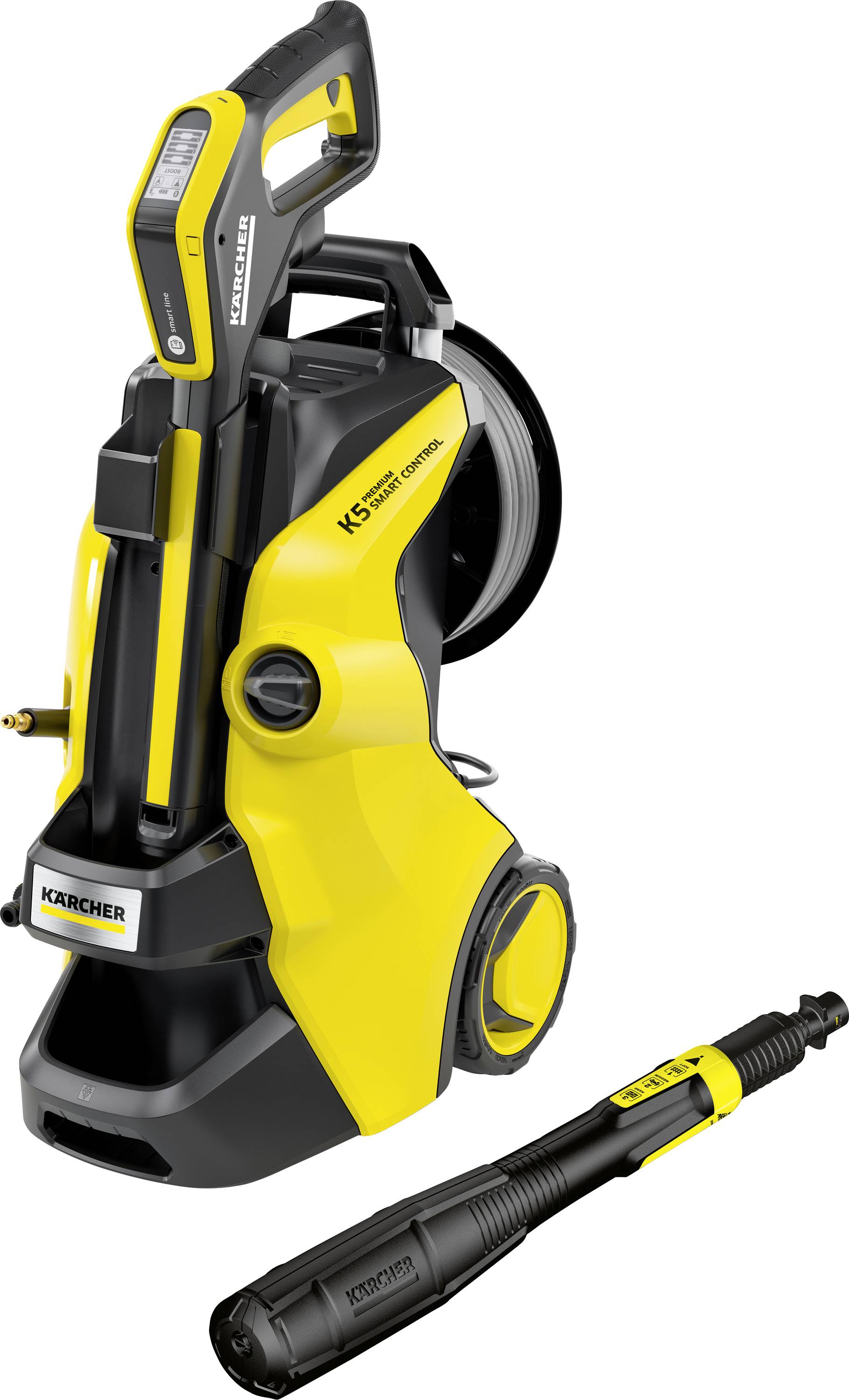 Nettoyeur haute pression Kärcher, modèle K5, en jaune et noir, avec poignée et buses.