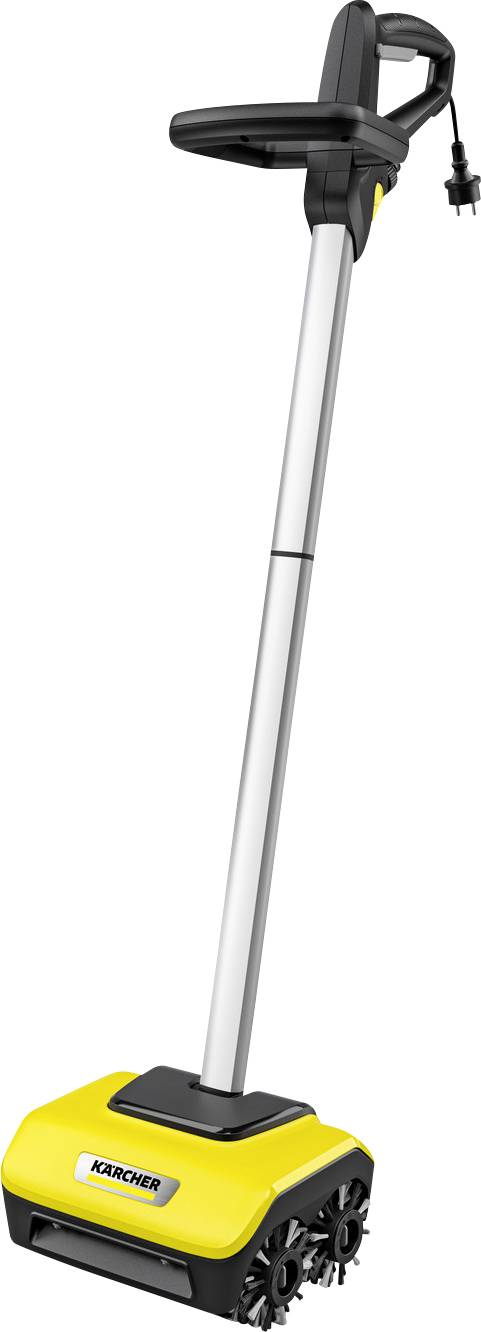 Un nettoyant de sol électrique jaune avec un long manche et une tête de brosse. Idéal pour le nettoyage des sols dans les foyers.