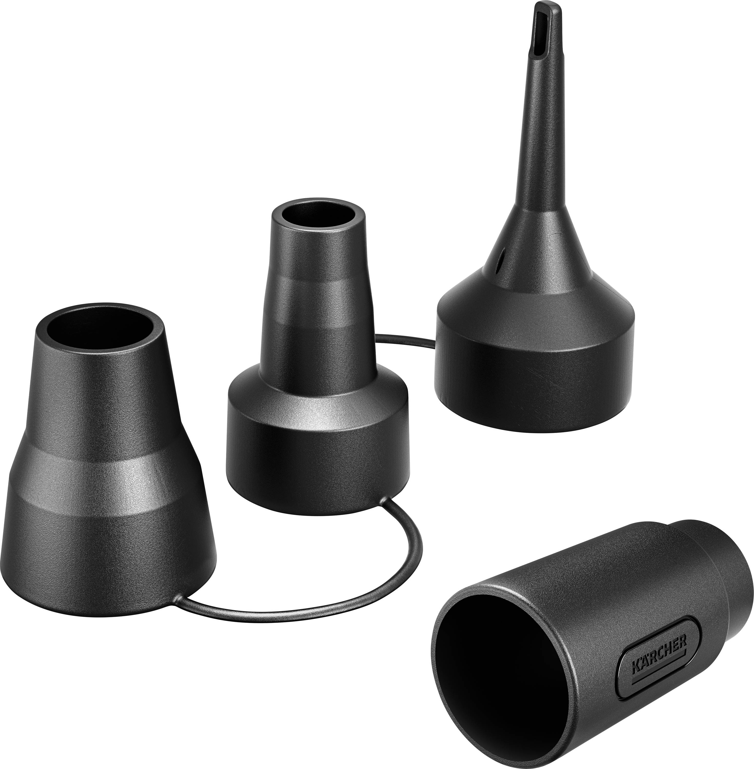 Quatre embouts de jet noirs pour un appareil de nettoyage, dont un positionné séparément. Adaptés à différents usages de nettoyage.