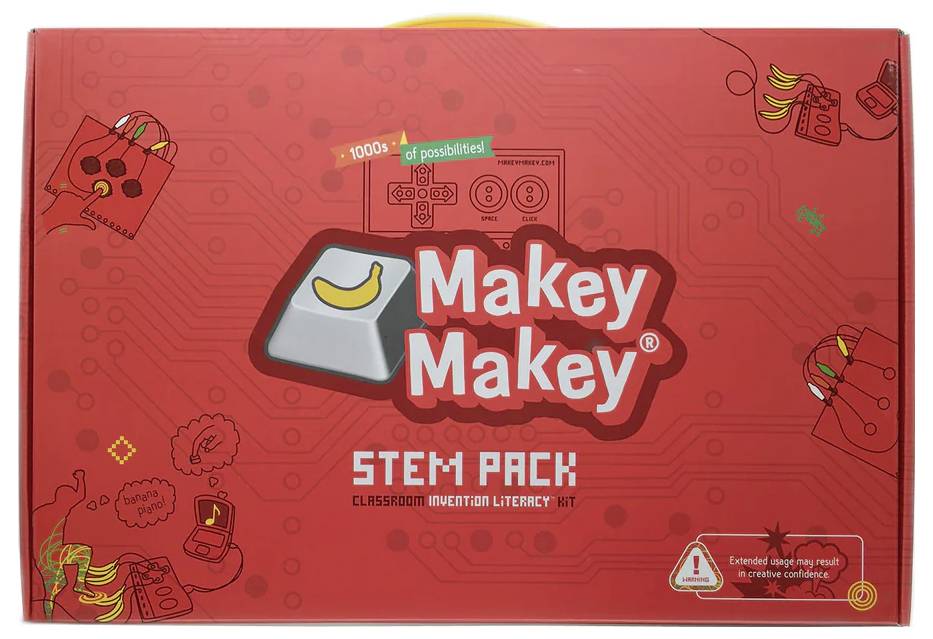 Couverture de boîte du « Kit de littératie en invention de classe Makey Makey STEM Pack » présentant des graphiques ludiques sur le thème de l'électronique.