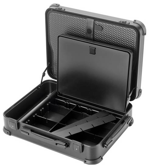 Coffret à outils noir ouvert avec plusieurs compartiments et séparateur amovible, idéal pour le rangement des outils.