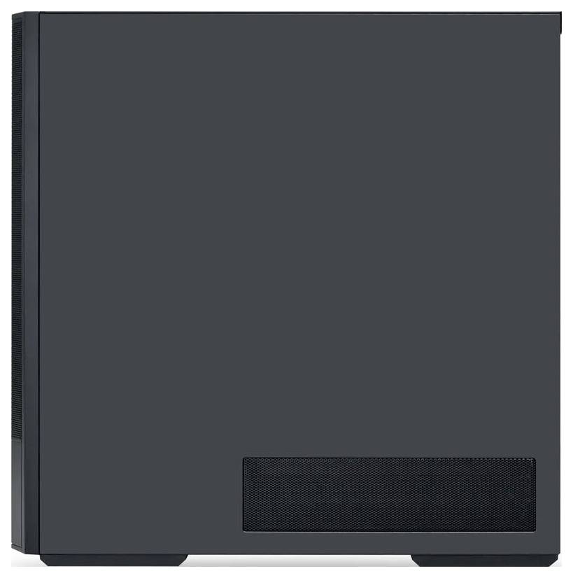Un boîtier d'ordinateur noir, minimaliste, avec une surface lisse et des grilles de ventilation en bas à droite.