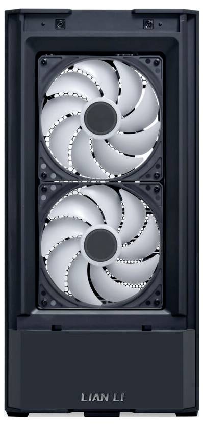 Boîtier avec deux grands ventilateurs visibles et le logo de marque 'Lian Li' en bas.