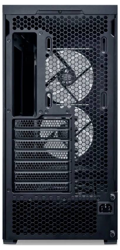 Vue arrière d'un boîtier d'ordinateur avec des ventilateurs visibles, des emplacements d'extension et une prise d'alimentation située en bas à droite.