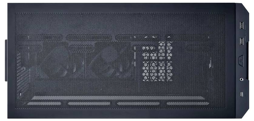 Un boîtier d'ordinateur noir avec une porte latérale permettant de voir partiellement le matériel interne. La façade avant dispose de ports USB.