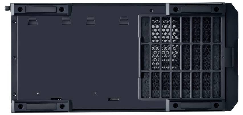 Un appareil électronique rectangulaire avec une grille de ventilation sur le côté droit. La surface est lisse et gris foncé.