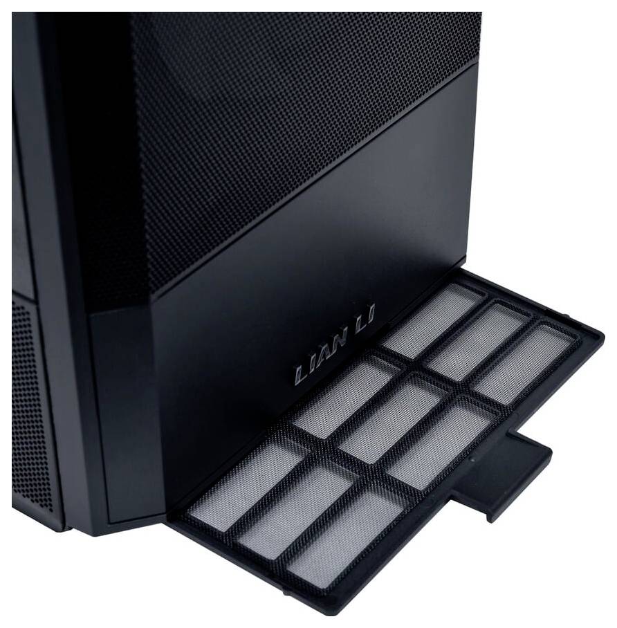 Un boîtier d'ordinateur noir avec un filtre anti-poussière visible et sorti. Le filtre favorise le refroidissement en réduisant l'accumulation de poussière.