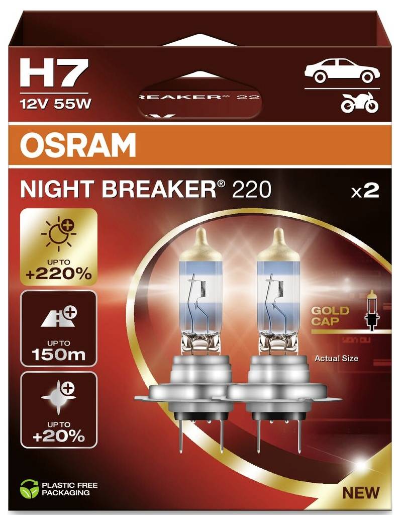Paquet Osram H7 Night Breaker 220 Ampoules pour voiture, 12V, 55W. Visibilité améliorée jusqu'à 150m, +220% de luminosité, emballage sans plastique.