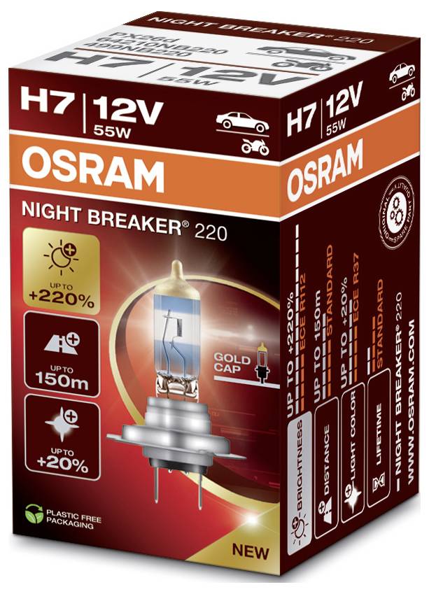 L'illustration montre l'emballage d'une lampe halogène OSRAM H7 12V 55W 'Night Breaker', qui offre jusqu'à 220% de luminosité supplémentaire.