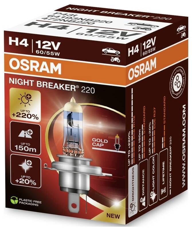 'Osram Night Breaker 220, H4 12V Ampoule pour automobile, jusqu'à 220% de luminosité en plus, portée allant jusqu'à 150m, capuchon doré, emballage sans plastique.'