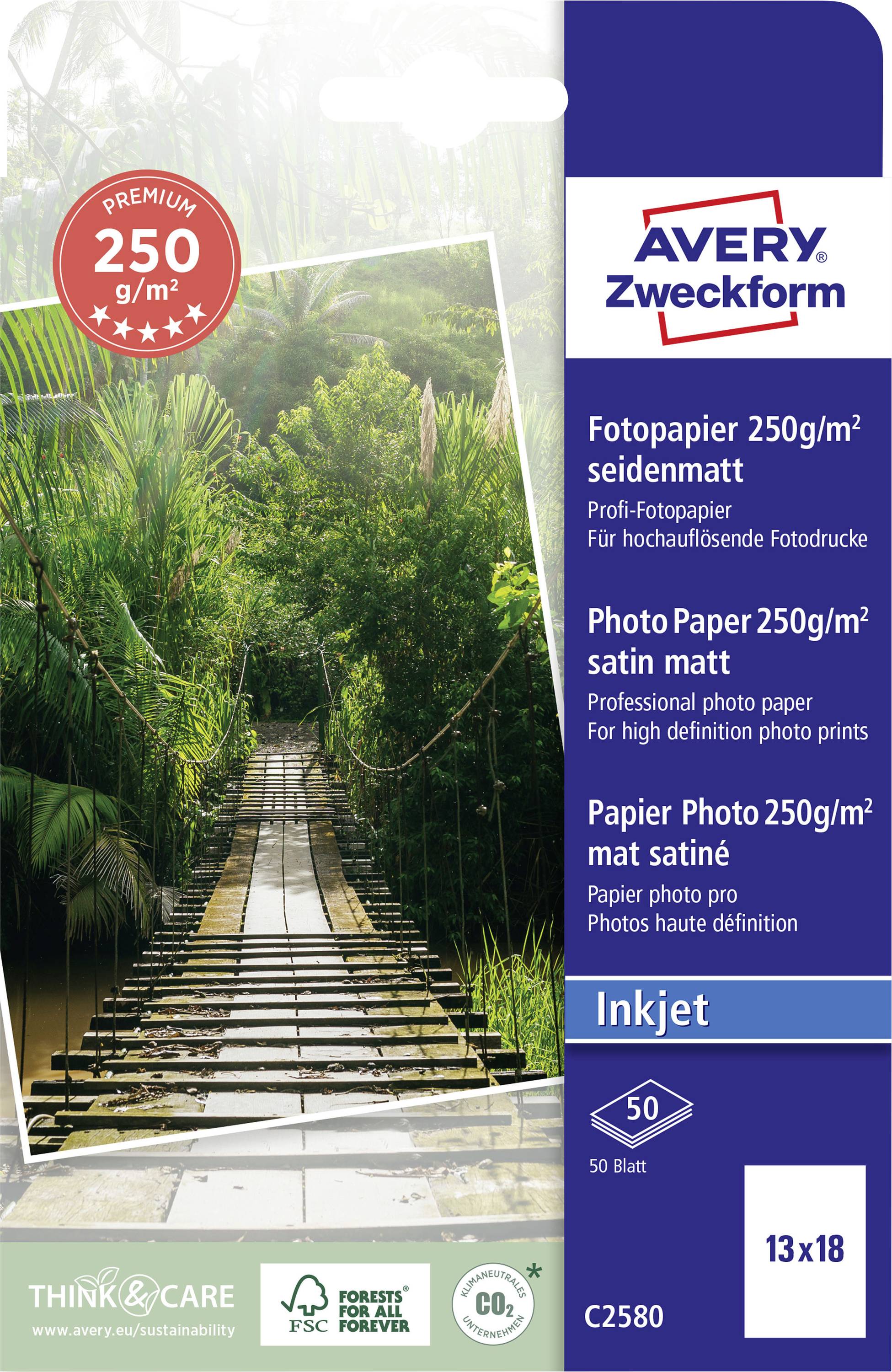 Papier photo 250 g/m² satiné pour impressions photographiques haute résolution. Emballage avec photo de pont suspendu. 50 feuilles, compatible jet d'encre.