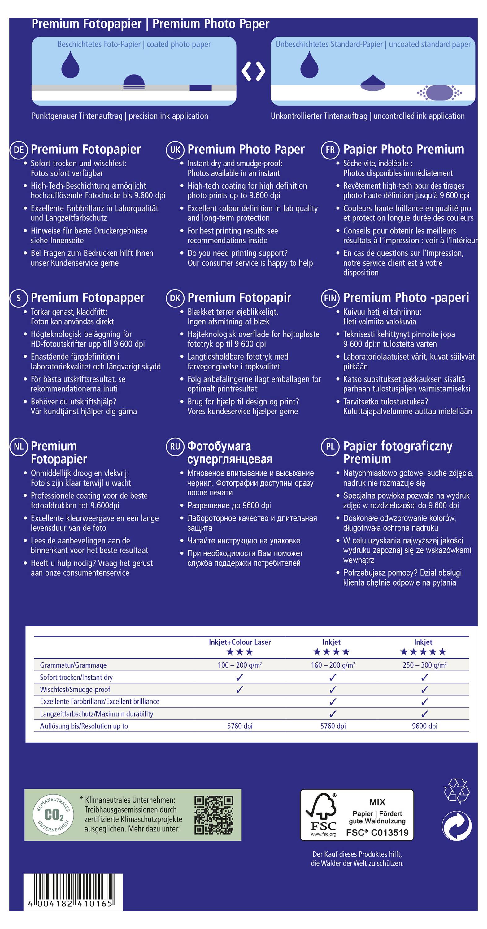 Emballage de Papier Photo Premium en bleu avec descriptions en allemand et en anglais. Symboles d'utilisation et spécifications ci-dessous.