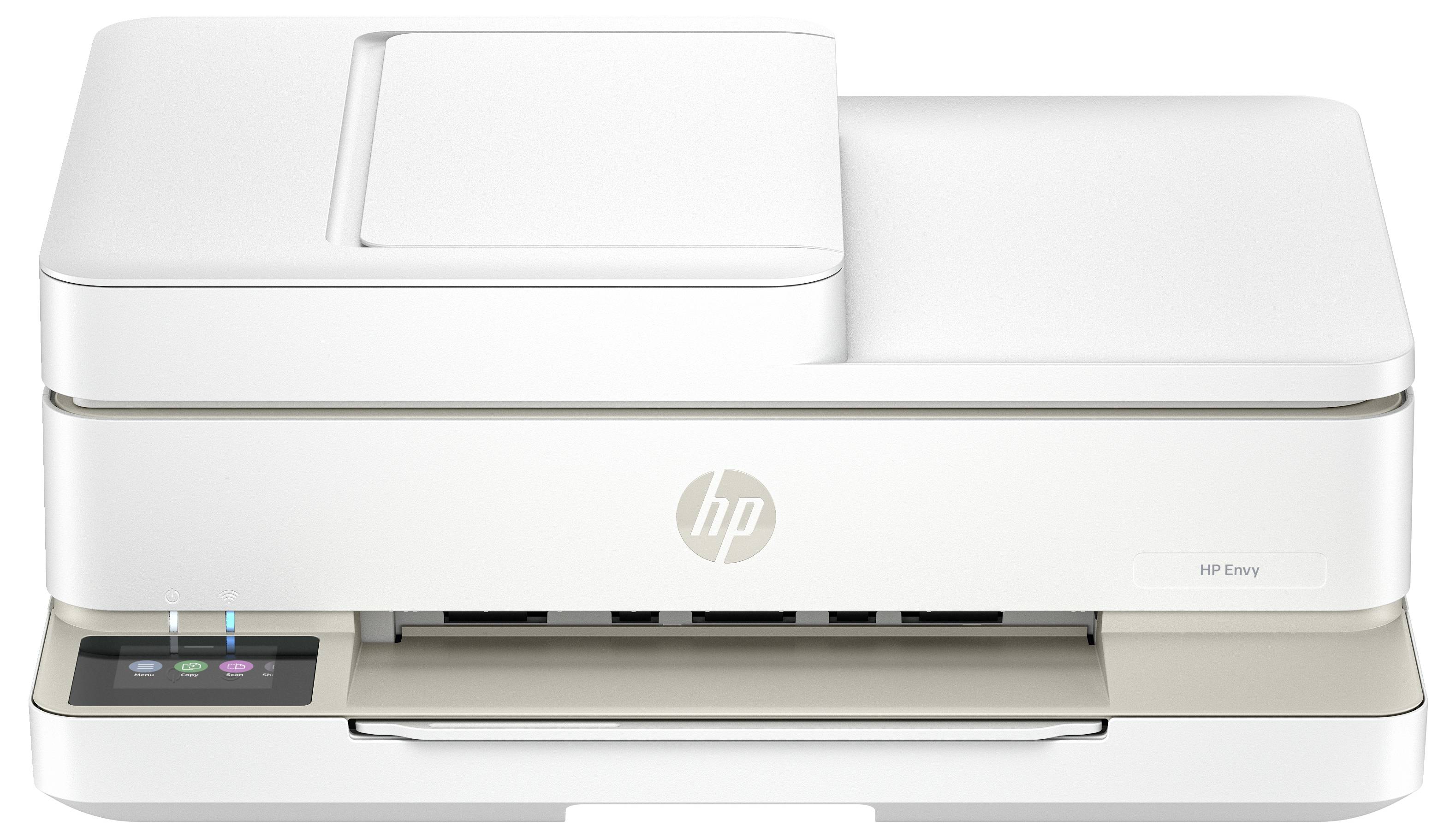 Imprimante HP Envy. Design blanc et compact avec le panneau de commande situé à gauche à l'avant.