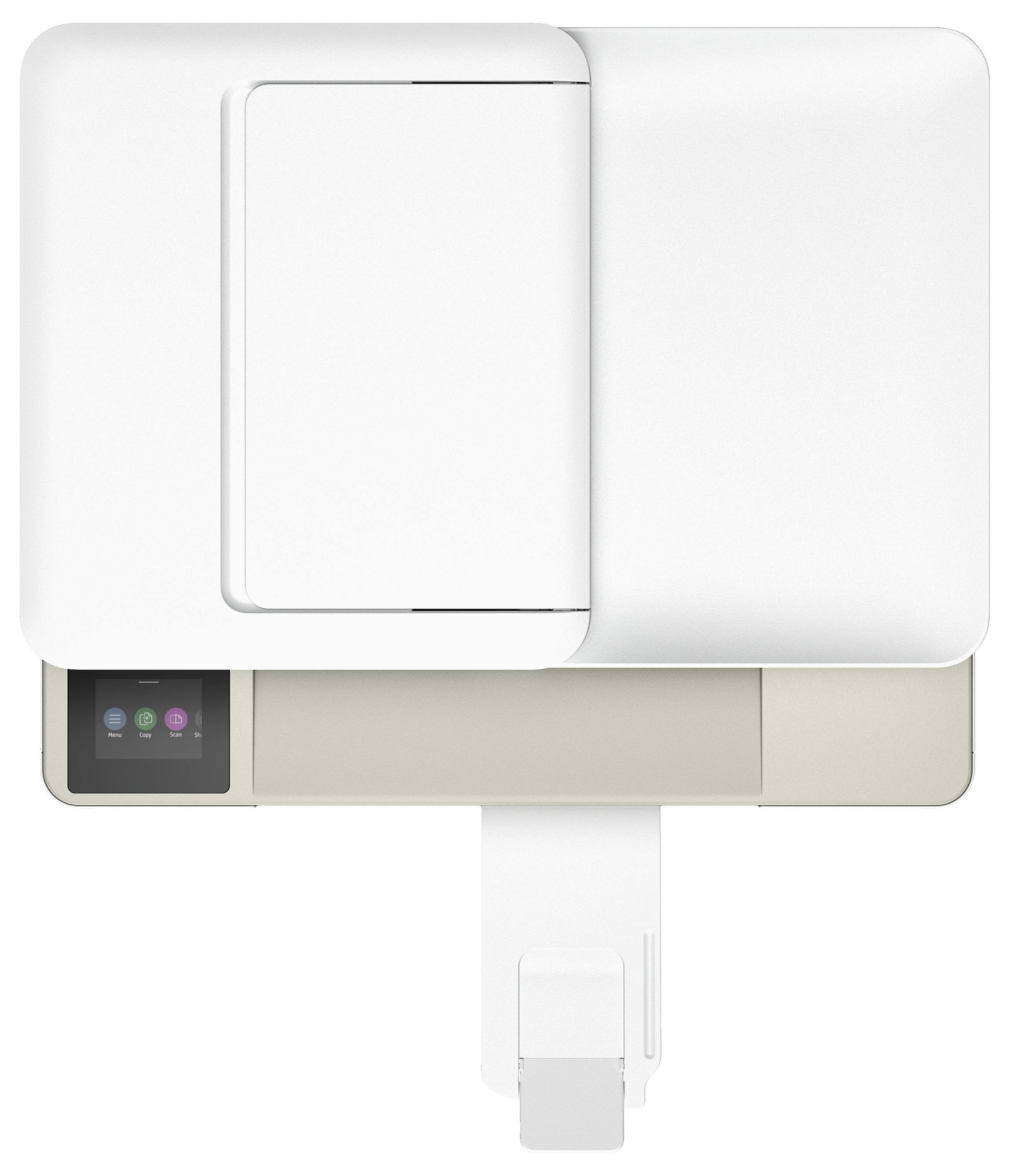 Une imprimante blanche moderne avec un petit panneau de commande coloré. La vue de dessus montre un design lisse et minimaliste.