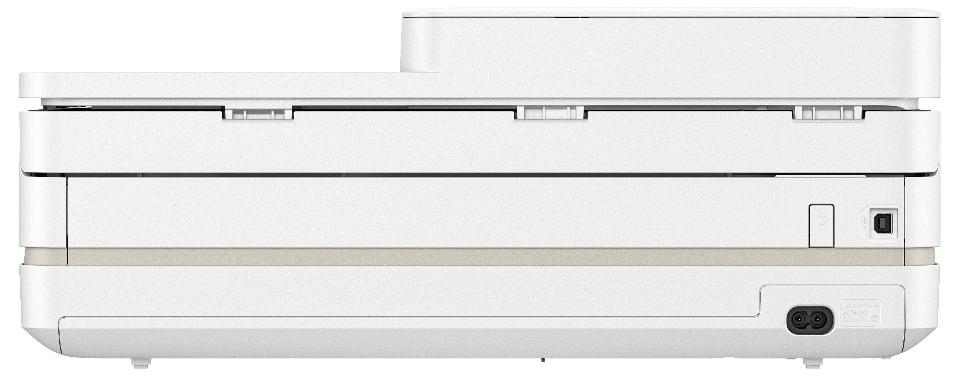 Une imprimante blanche au design rectangulaire avec un chargeur de papier intégré. Adaptée pour une utilisation au bureau ou à la maison.