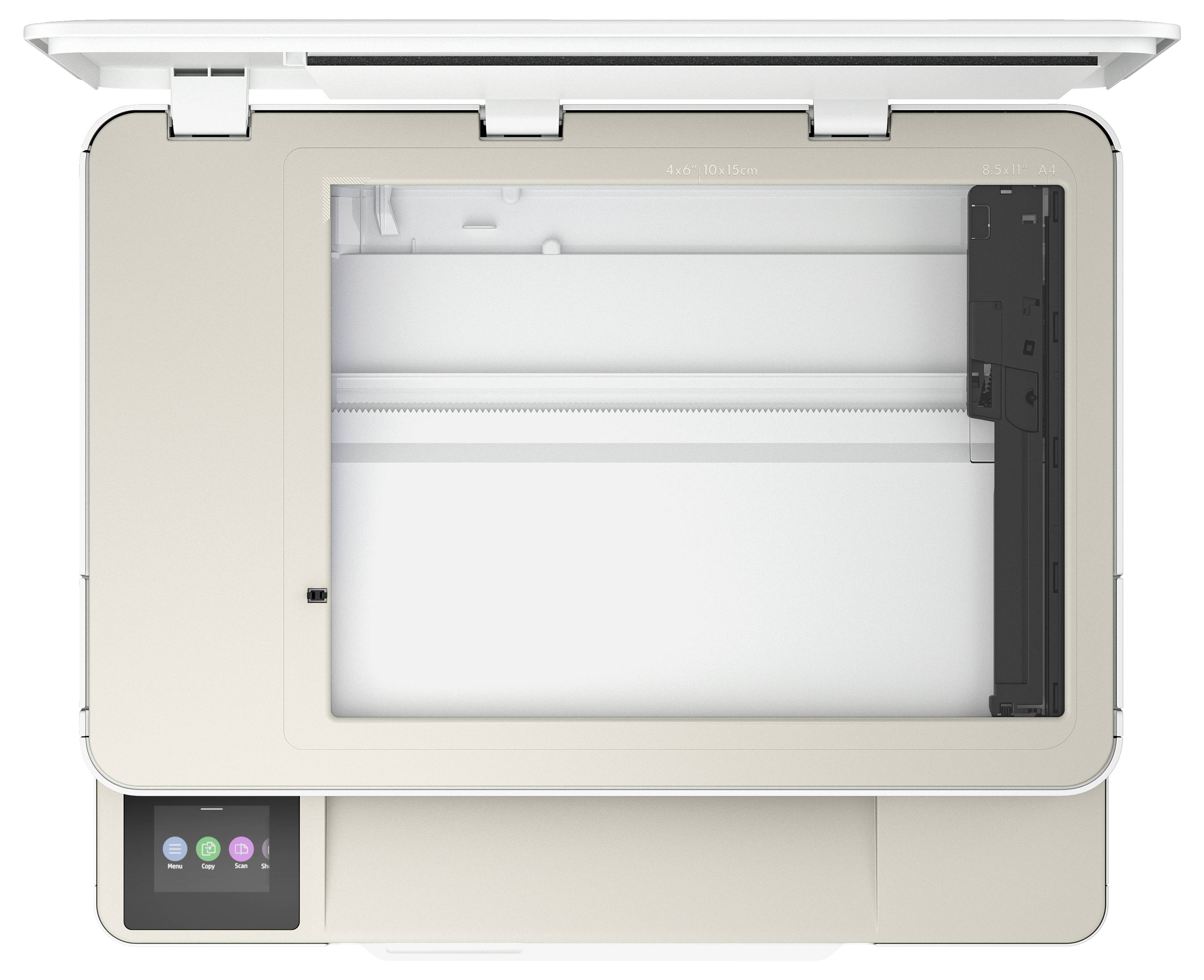Un scanner avec le couvercle ouvert, prêt à numériser des documents. Panneau de commande en bas à gauche avec des touches colorées.