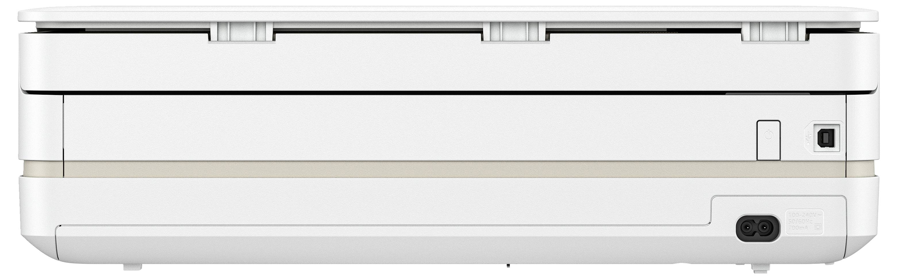 Un imprimante blanche vue de côté, montrant ses ports de connexion et sa ventilation. Idéale pour un usage de bureau ou domestique.