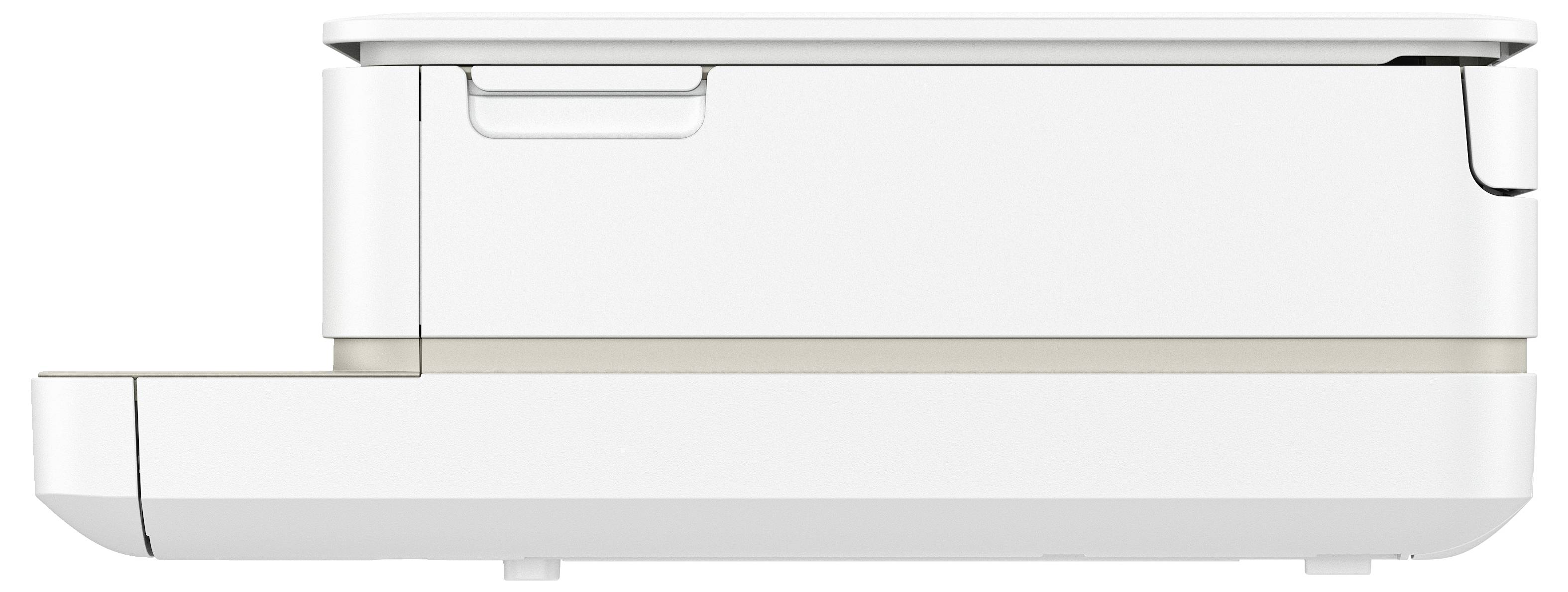 Vue latérale d'une imprimante blanche moderne au design minimaliste.