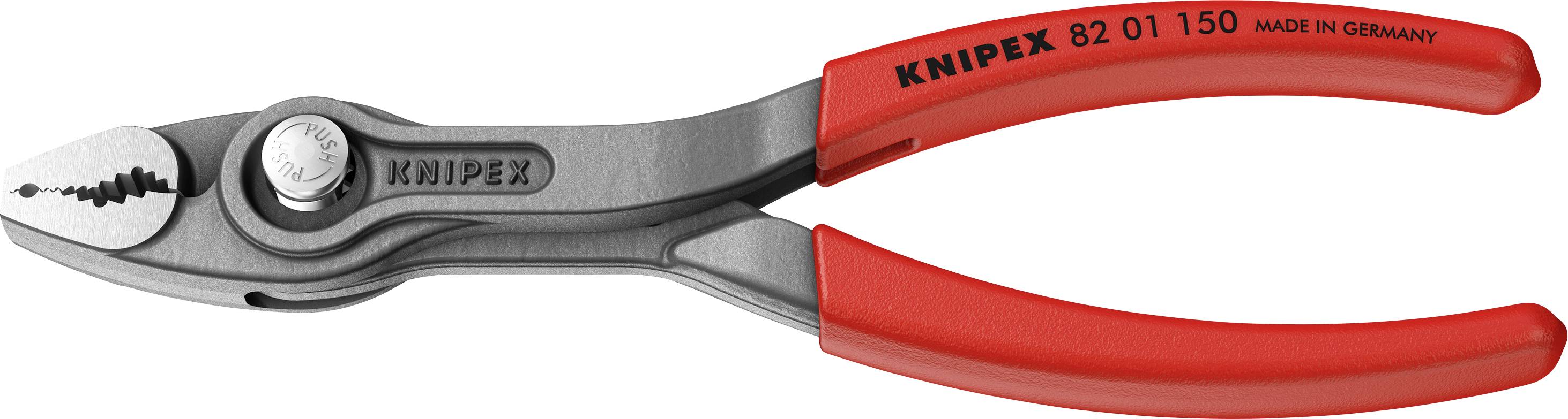 Une pince Knipex rouge portant l'inscription '82 01 150 Made in Germany'.