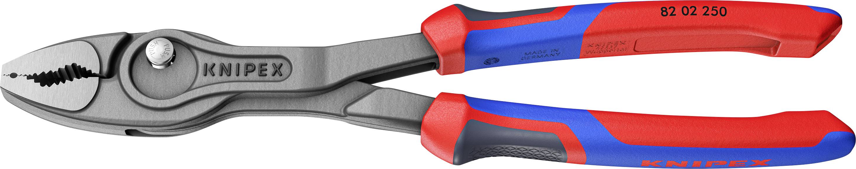 Pince multiprise à poignées ergonomiques, réalisée en rouge et bleu. Le numéro de modèle '82 02 250' est visible sur la pince.