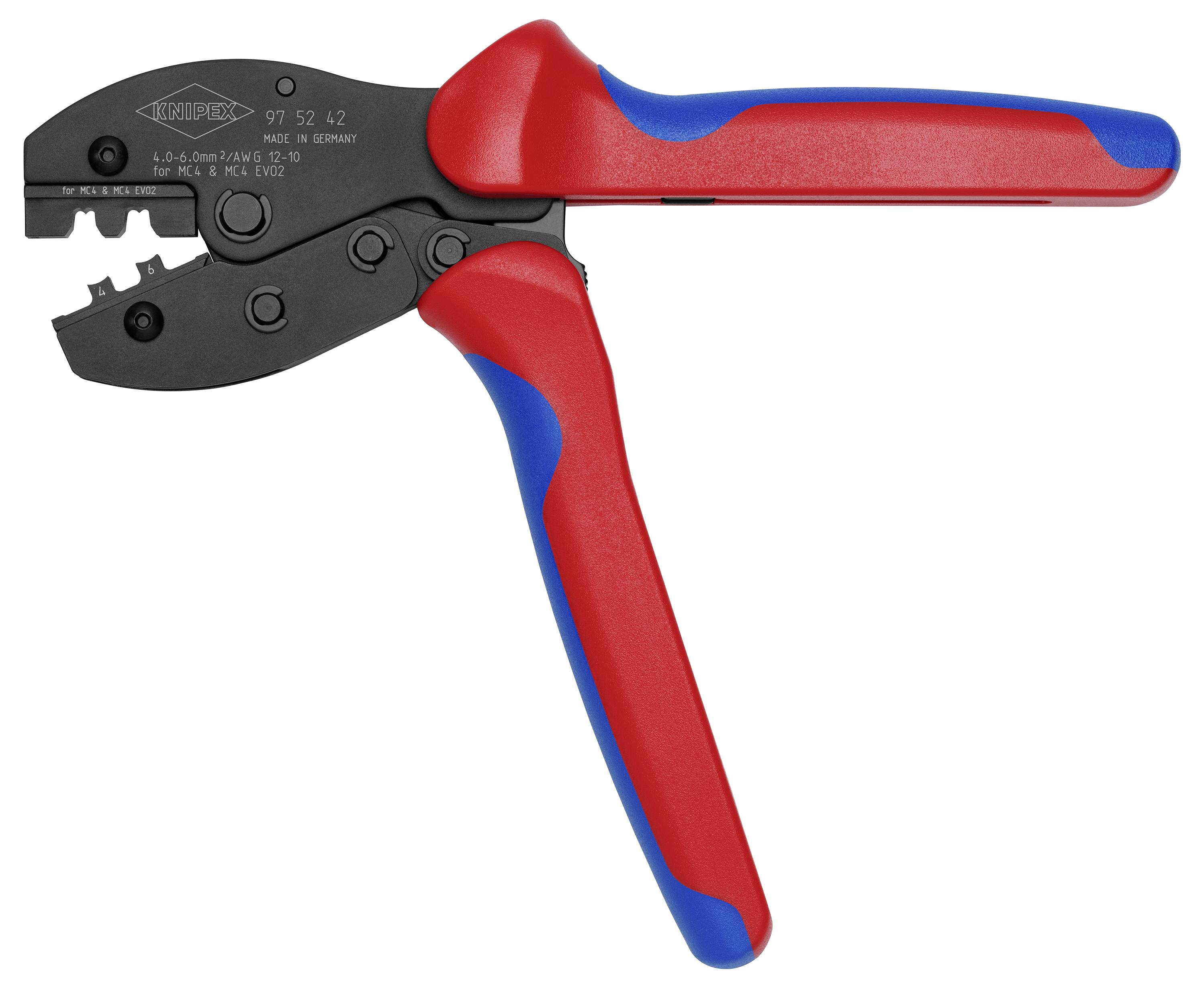 L'illustration montre une pince à sertir rouge et noire pour le traitement des cosses et des connecteurs, avec une poignée ergonomique.