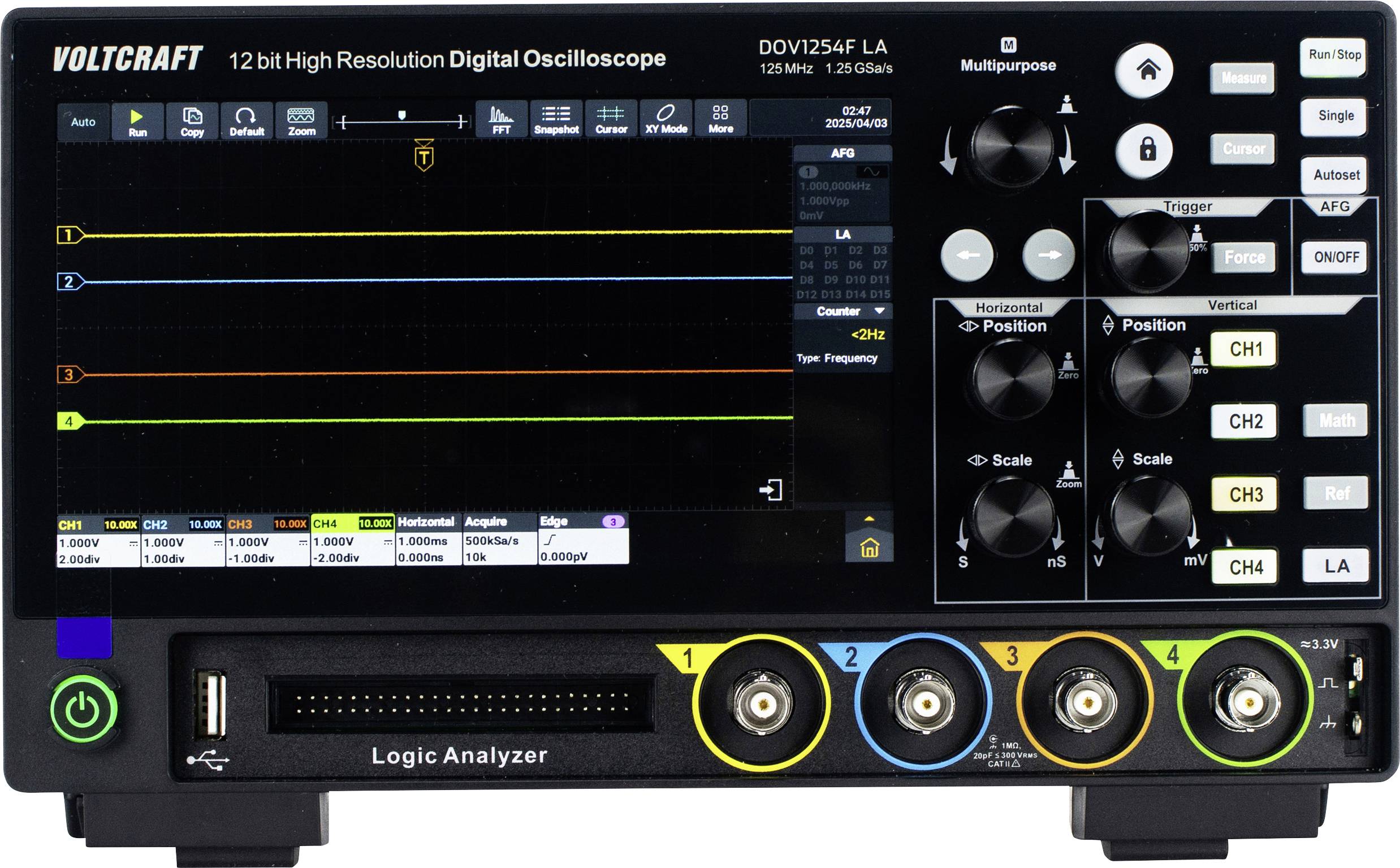 Oscilloscope numérique VOLTCRAFT DOV1254F LA 125 MHz 4 canaux 1.25 Géch/s 100 Mpts 12 bits mémoire numérique (DSO), générateur de