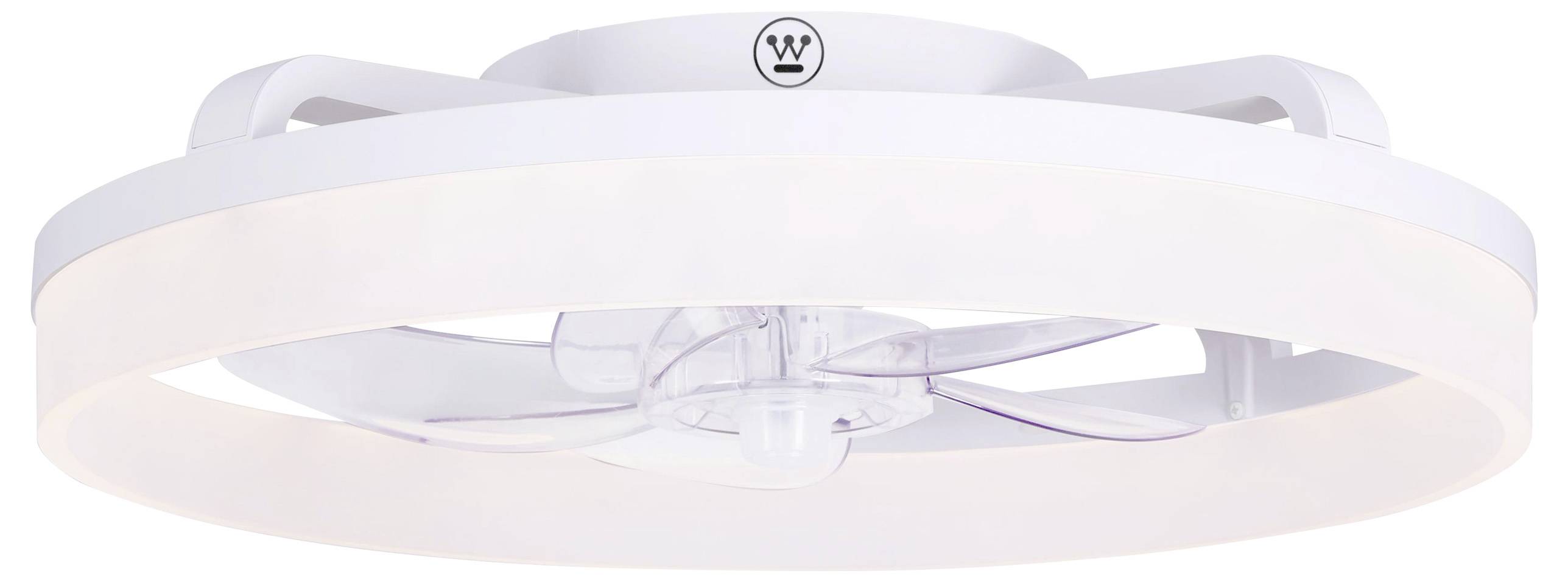 Un ventilateur de plafond blanc et moderne avec éclairage LED intégré. Il présente un design rond avec des pales transparentes.