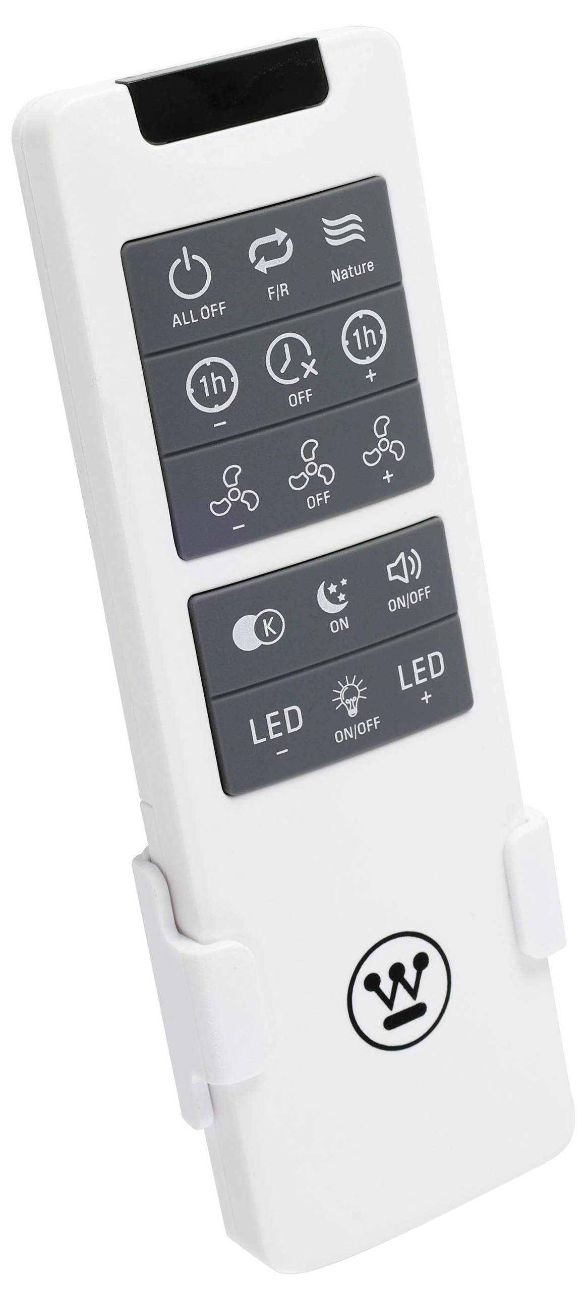 Télécommande avec touches noires pour contrôler un ventilateur et un éclairage LED, comprenant des réglages de minuterie et de luminosité.