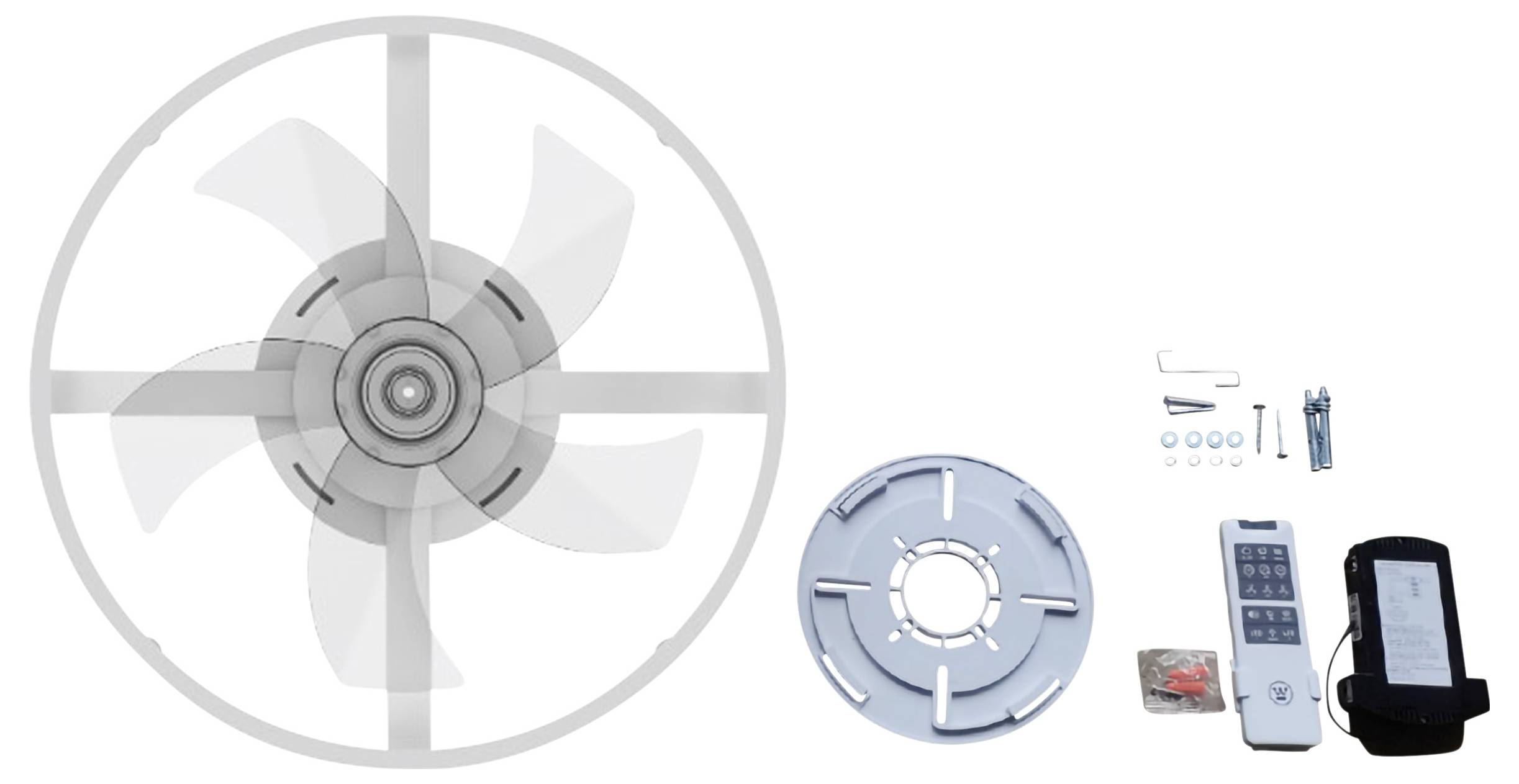 Un ventilateur rond avec cinq pales transparentes, à côté des accessoires de montage : support de fixation, télécommande, vis et clé Allen.