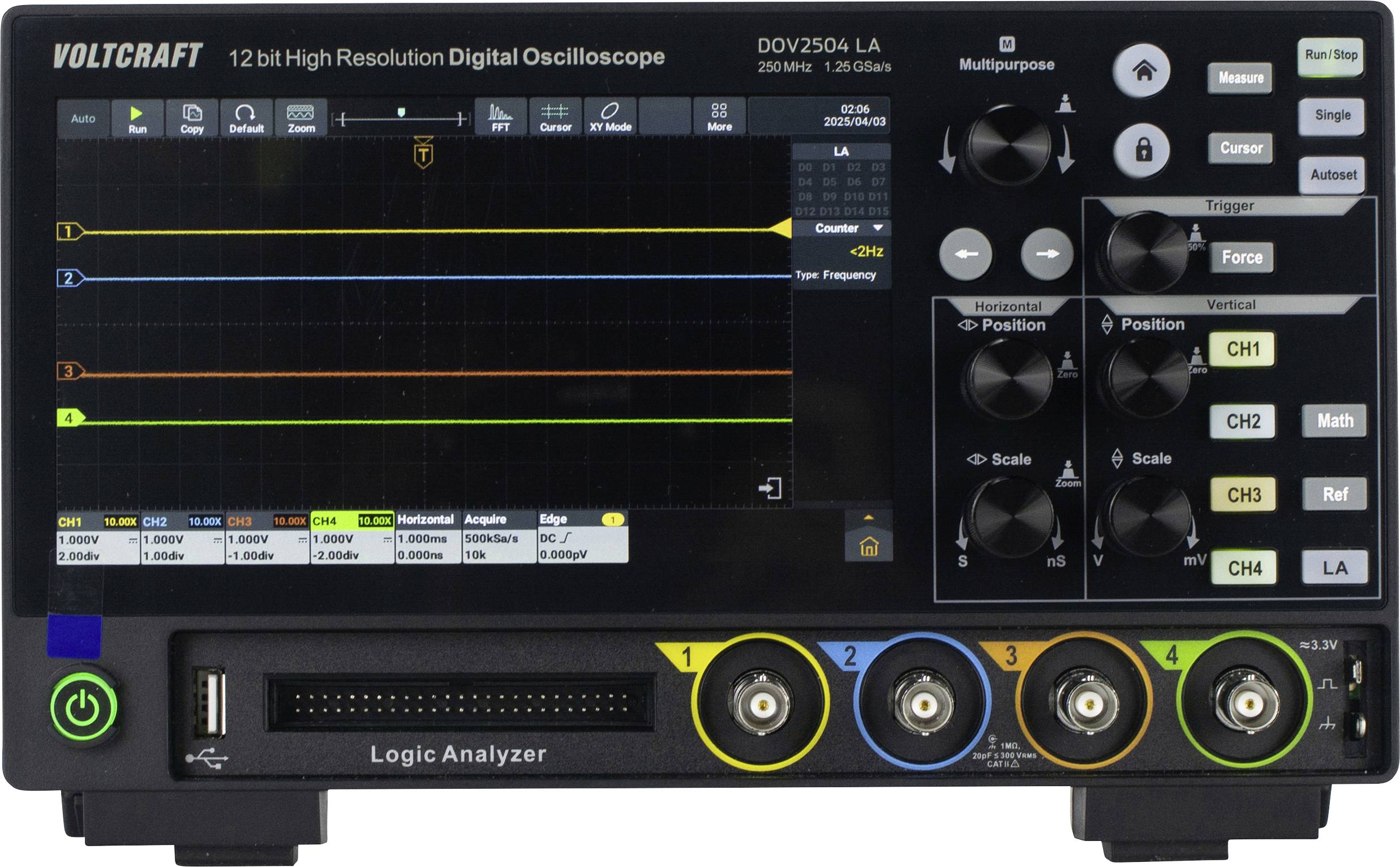 Oscilloscope numérique VOLTCRAFT DOV2504 LA 250 MHz 4 canaux 1.25 Géch/s 100 Mpts 12 bits mémoire numérique (DSO), analyseur de