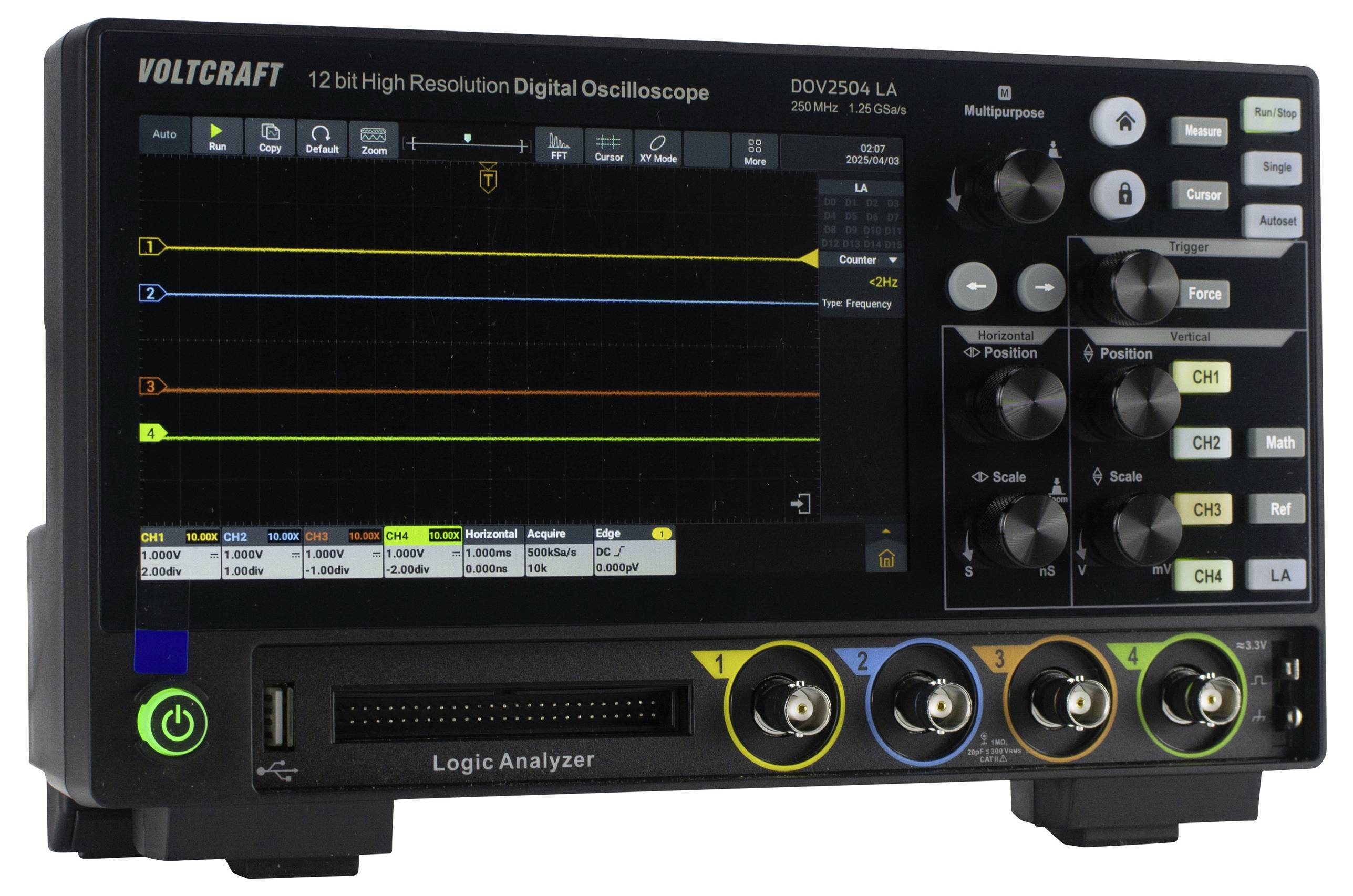 Oscilloscope numérique VOLTCRAFT DOV2504 LA 250 MHz 4 canaux 1.25 Géch/s 100 Mpts 12 bits mémoire numérique (DSO), analyseur de