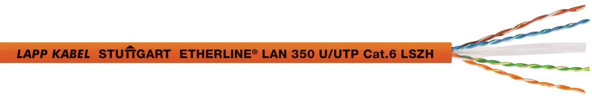 Un câble LAN portant l'inscription 'LAPP KABEL STUTTGART ETHERLINE LAN 350 U/UTP Cat.6 LSZH', présente des brins torsadés à son extrémité.