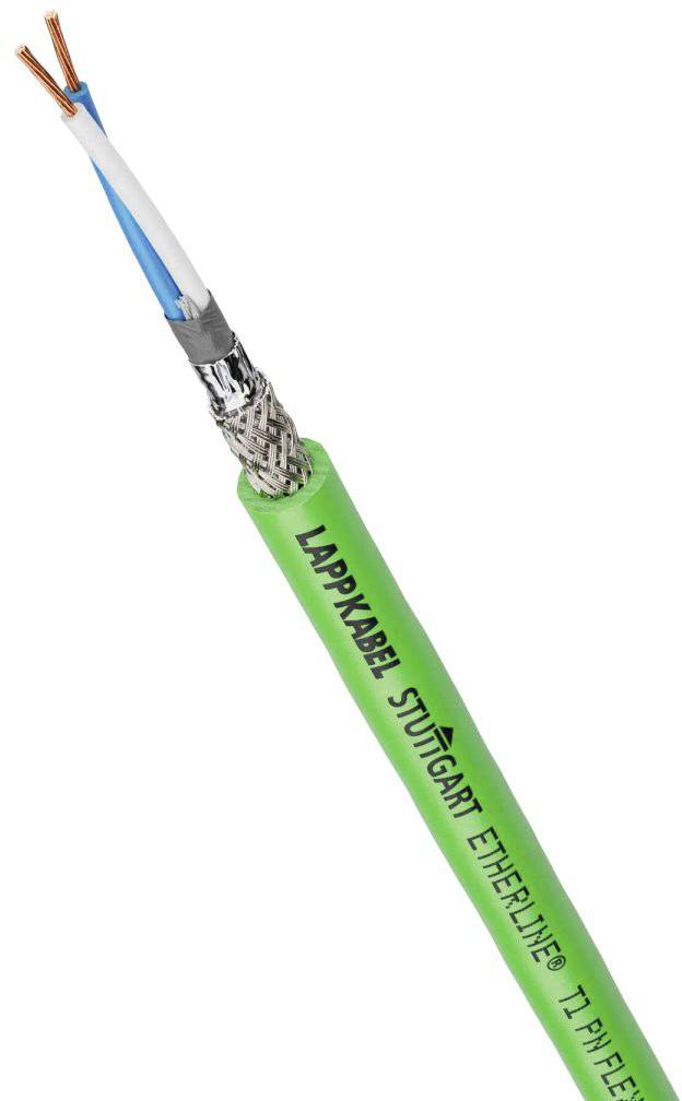 Un câble vert portant l'inscription 'LAPPKABEL STUTTGART ETHERLINE'. Le câble présente des fils de cuivre exposés et une gaine de protection.