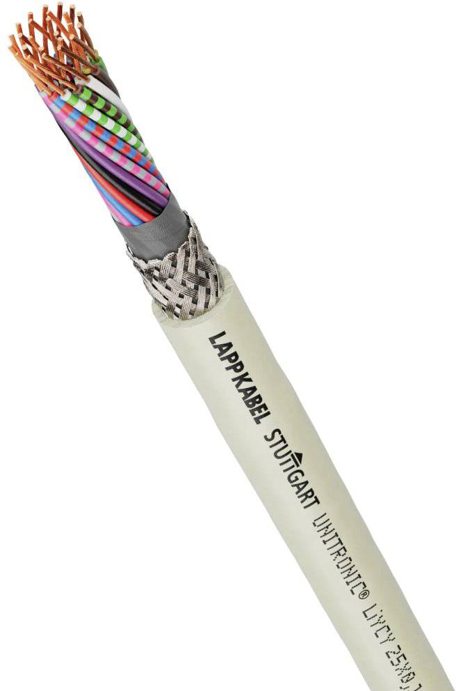 Un câble ouvert montrant différents fils colorés, portant l'inscription 'LAPP KABEL STUTTGART UNITRONIC' sur sa gaine extérieure.