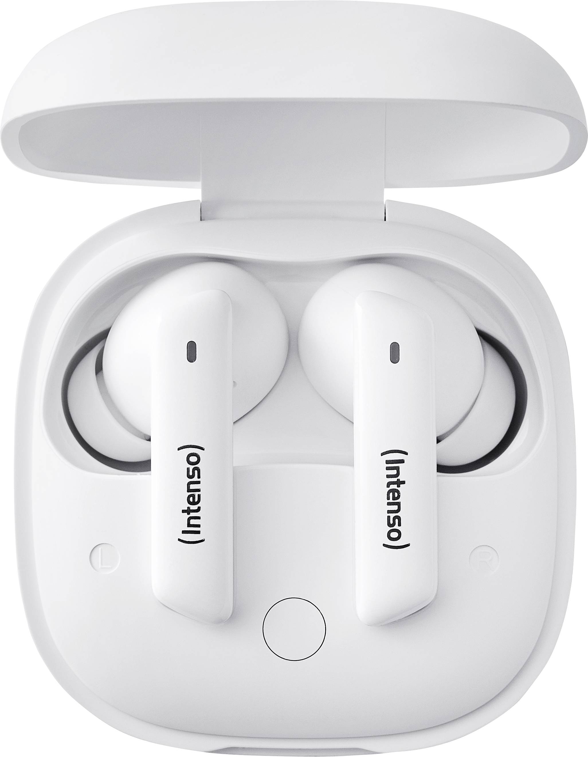 Une paire d'écouteurs sans fil intra-auriculaires dans un boîtier de charge ouvert. Les écouteurs sont blancs avec le logo 'Intenso' sur chaque embout.
