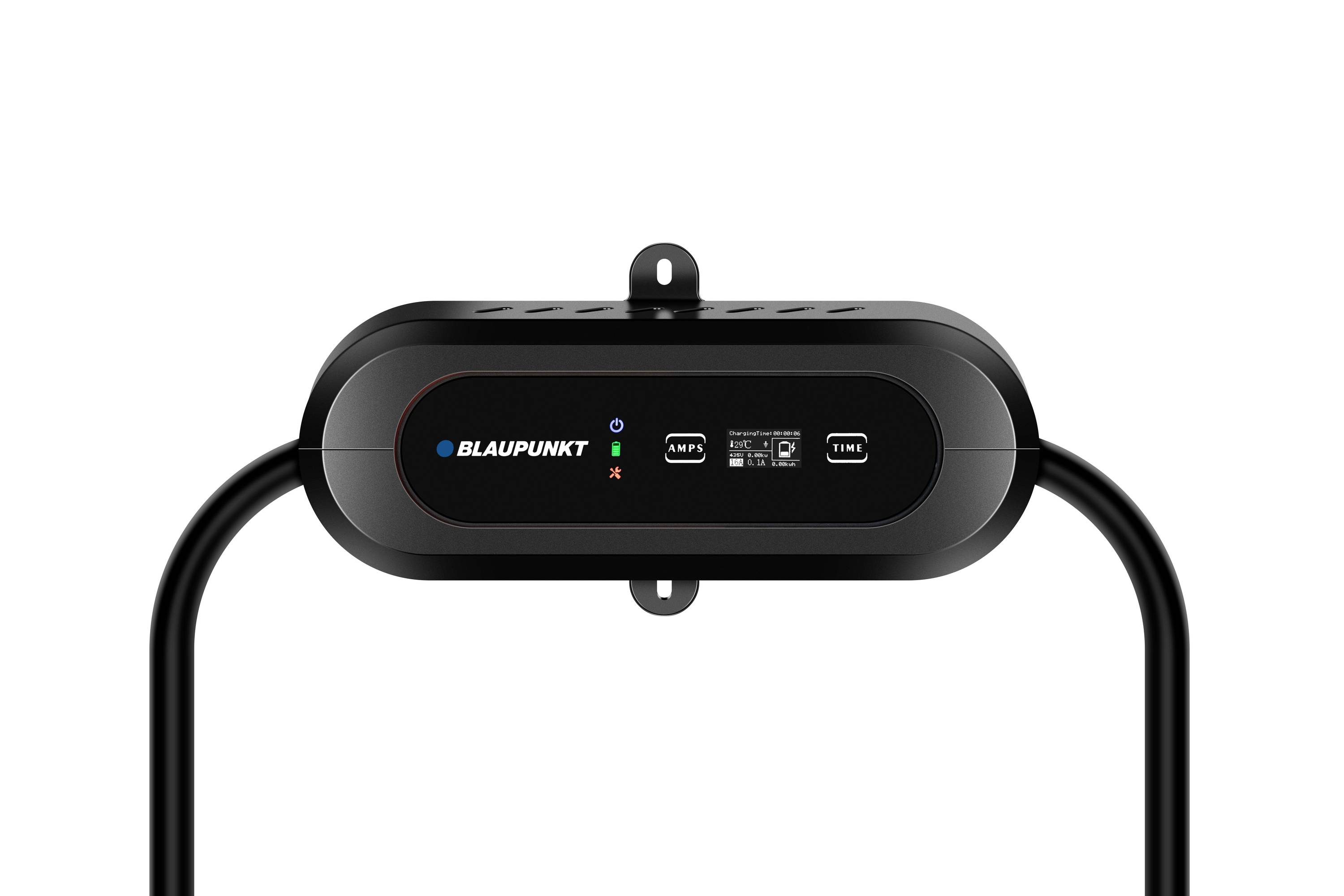 Un appareil noir portant l'inscription 'Blaupunkt', doté de plusieurs boutons et d'affichages à LED, monté sur un support.