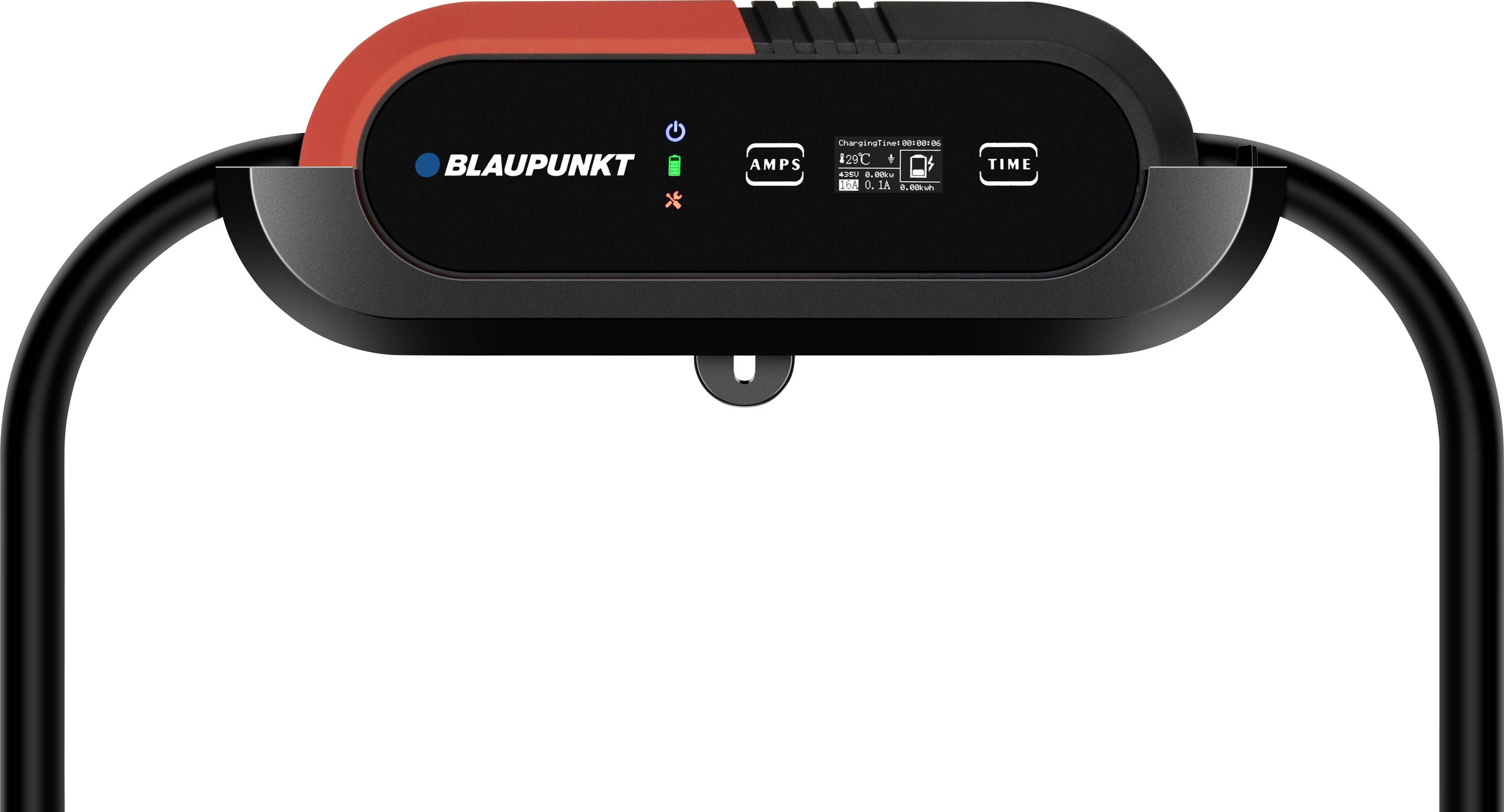 Écran électronique de chargeur avec logo, affichage des ampères et du temps, et témoins lumineux de statut de charge.