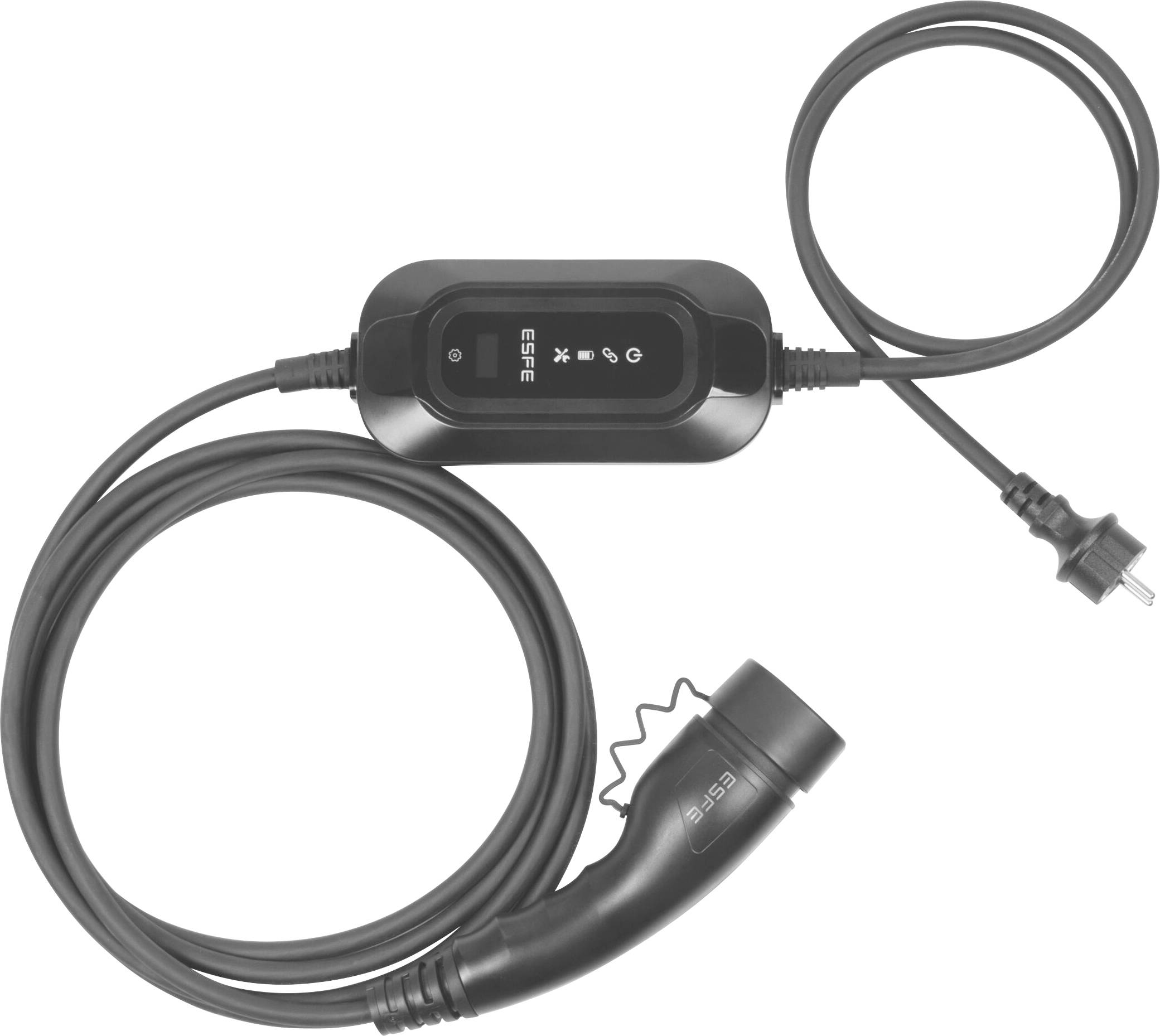 Câble de charge pour véhicules électriques avec boîtier de commande et fiche intégrés, prêt à être connecté à une source d'alimentation.